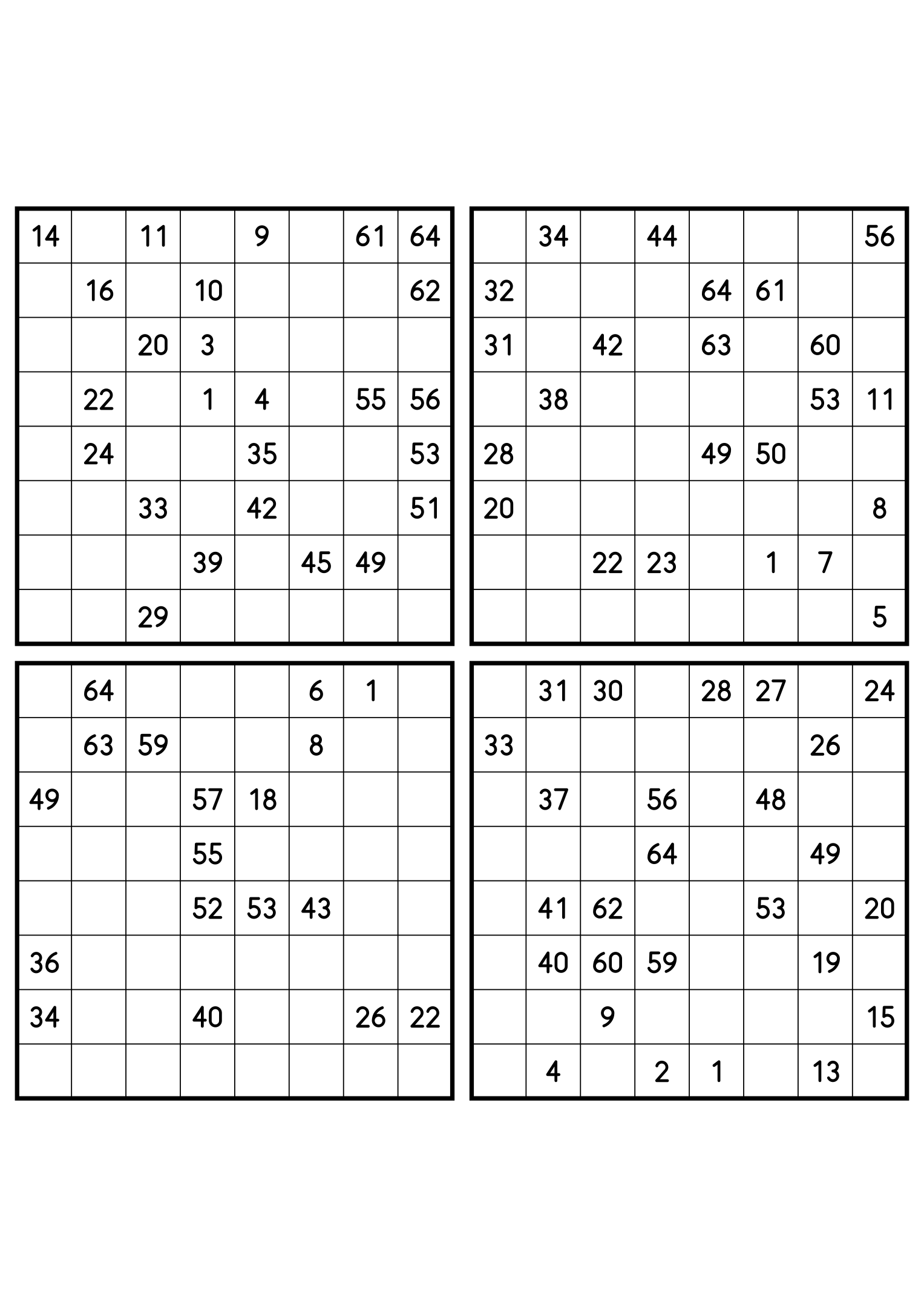 Four hard 8x8 Hidoku grids, clues spread thin across 64 cells. Variant 5.