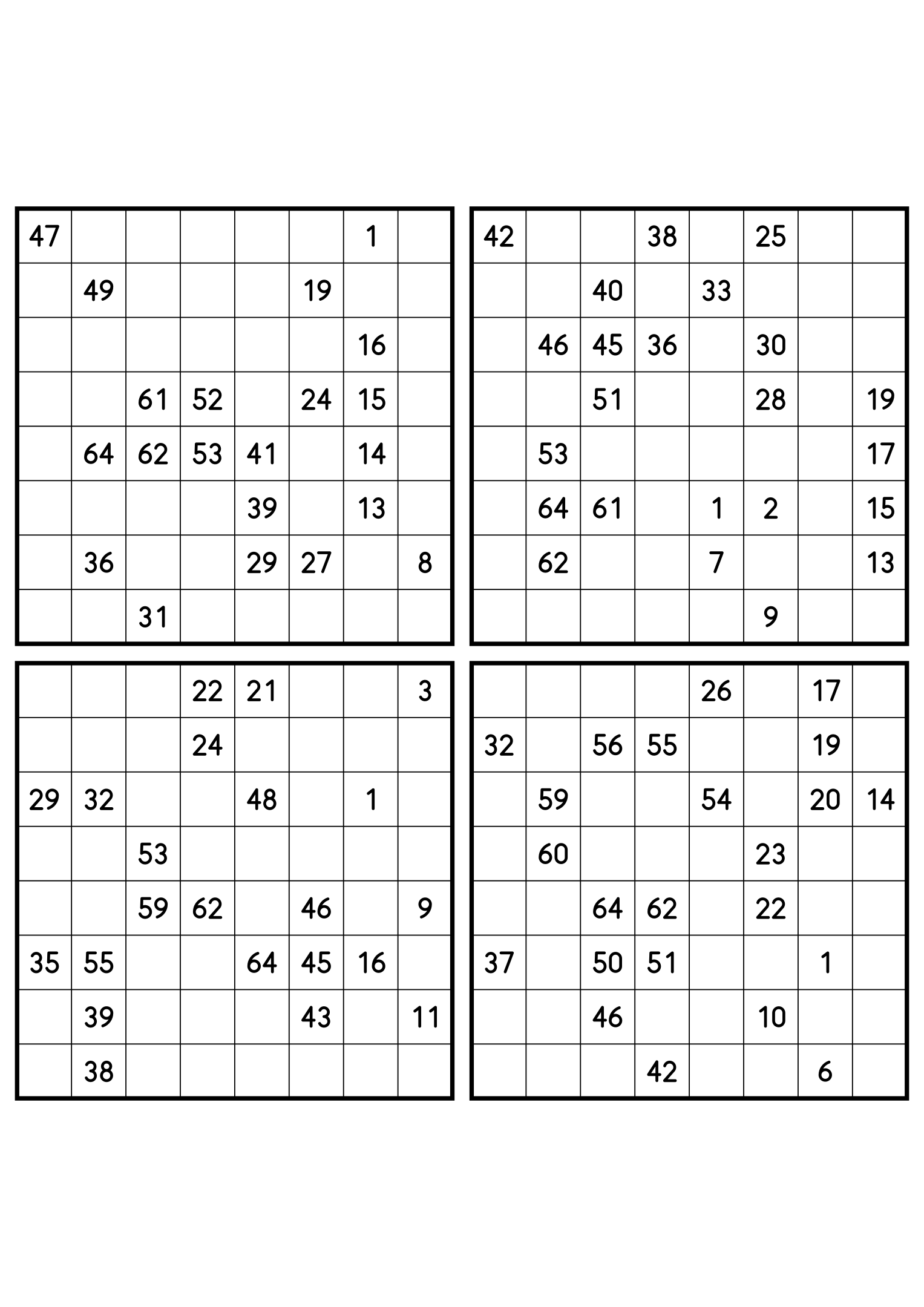 Four hard 8x8 Hidoku grids, clues spread thin across 64 cells. Variant 6.