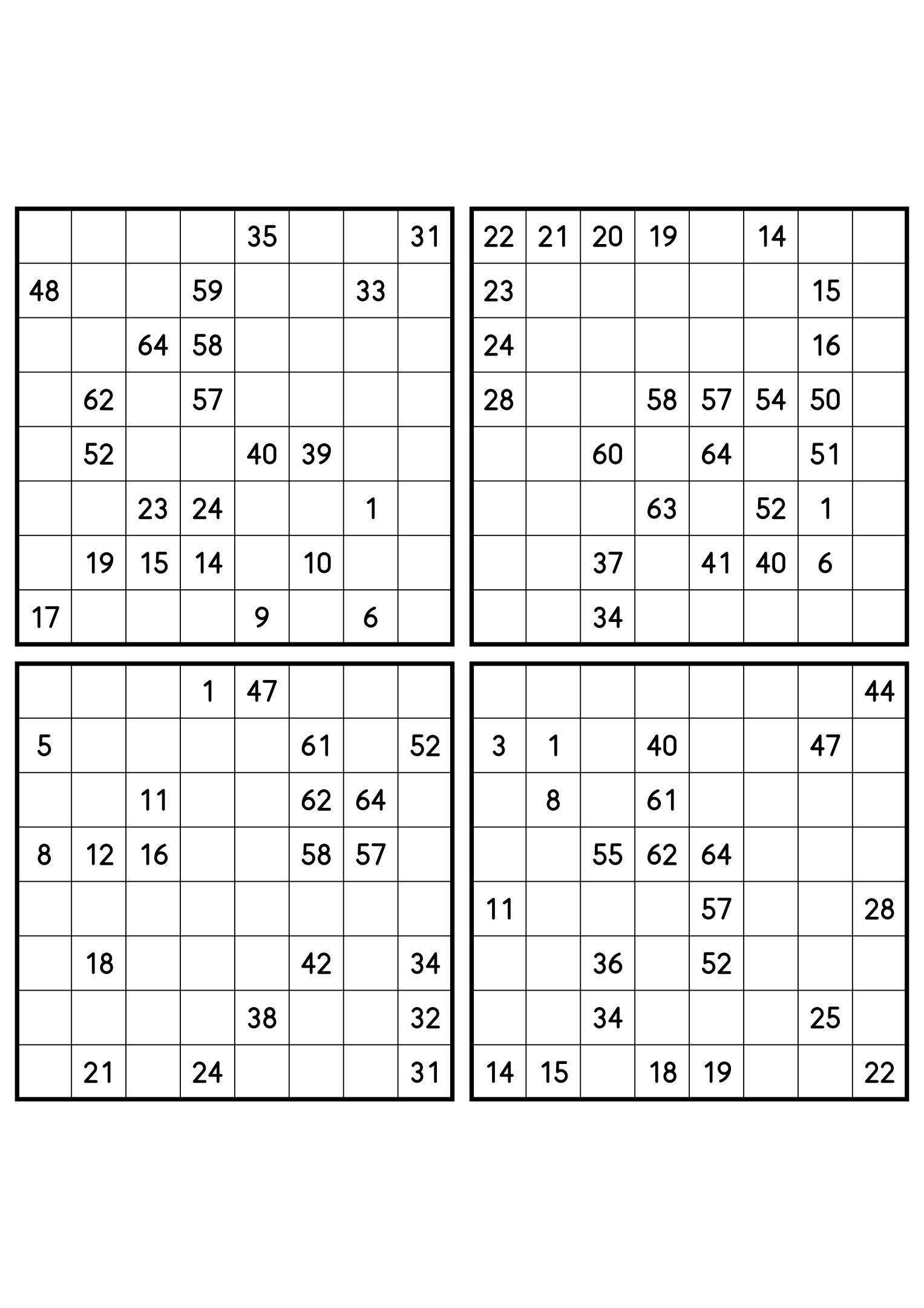 Four hard 8x8 Hidoku grids, clues spread thin across 64 cells. Variant 7.