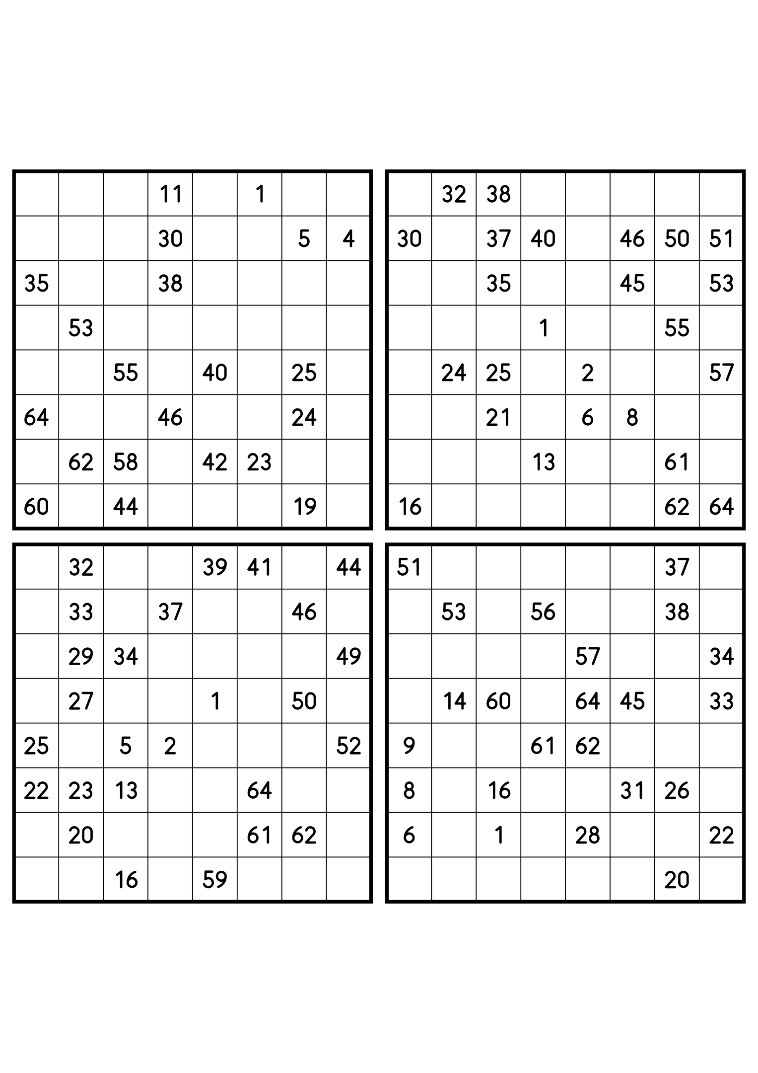 Four hard 8x8 Hidoku grids, clues spread thin across 64 cells. Variant 8.