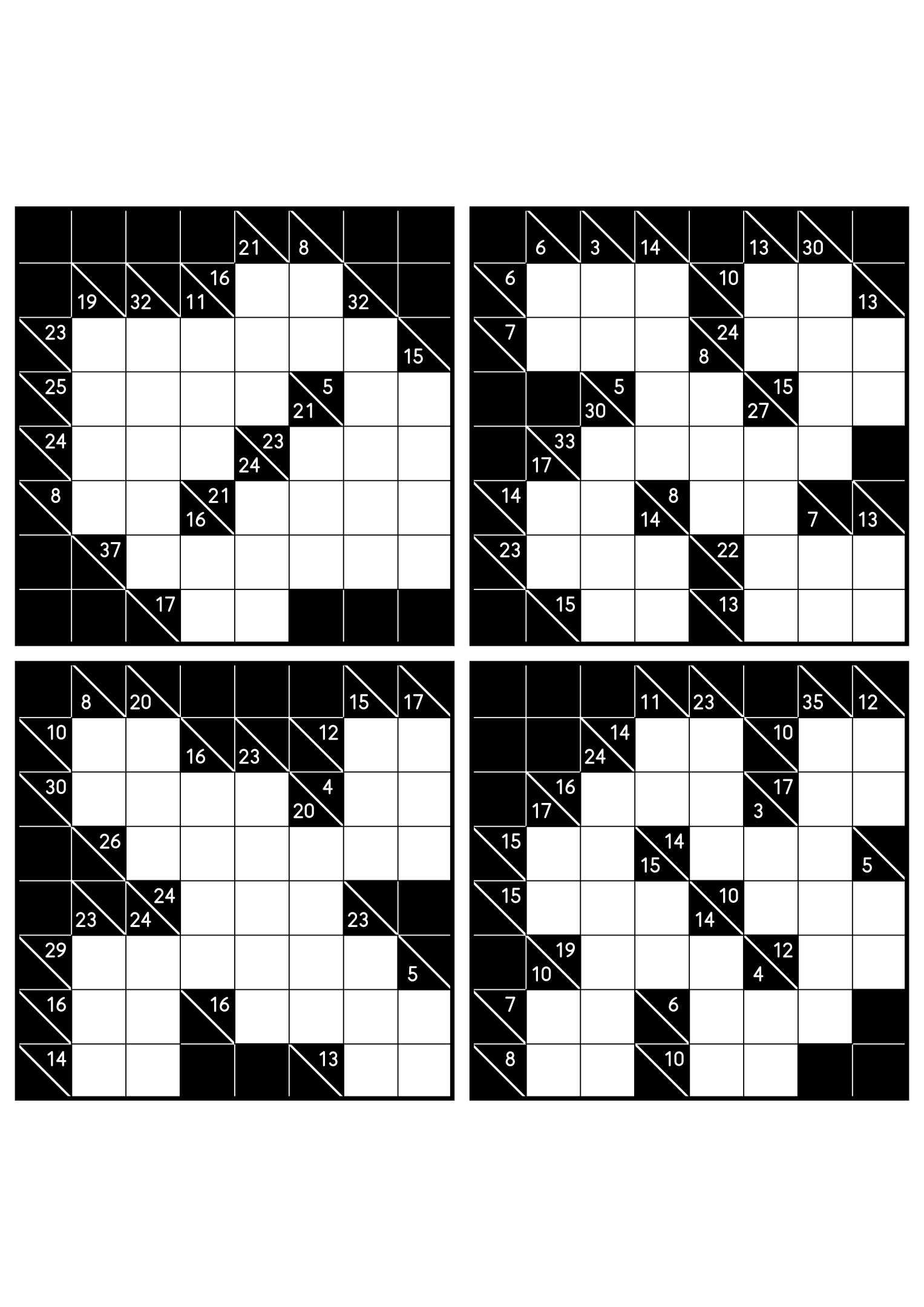 Four hard 8x8 kakuro grids whose runs must be tested whole. Level: Hard, 4 puzzles per page. Variant 1.