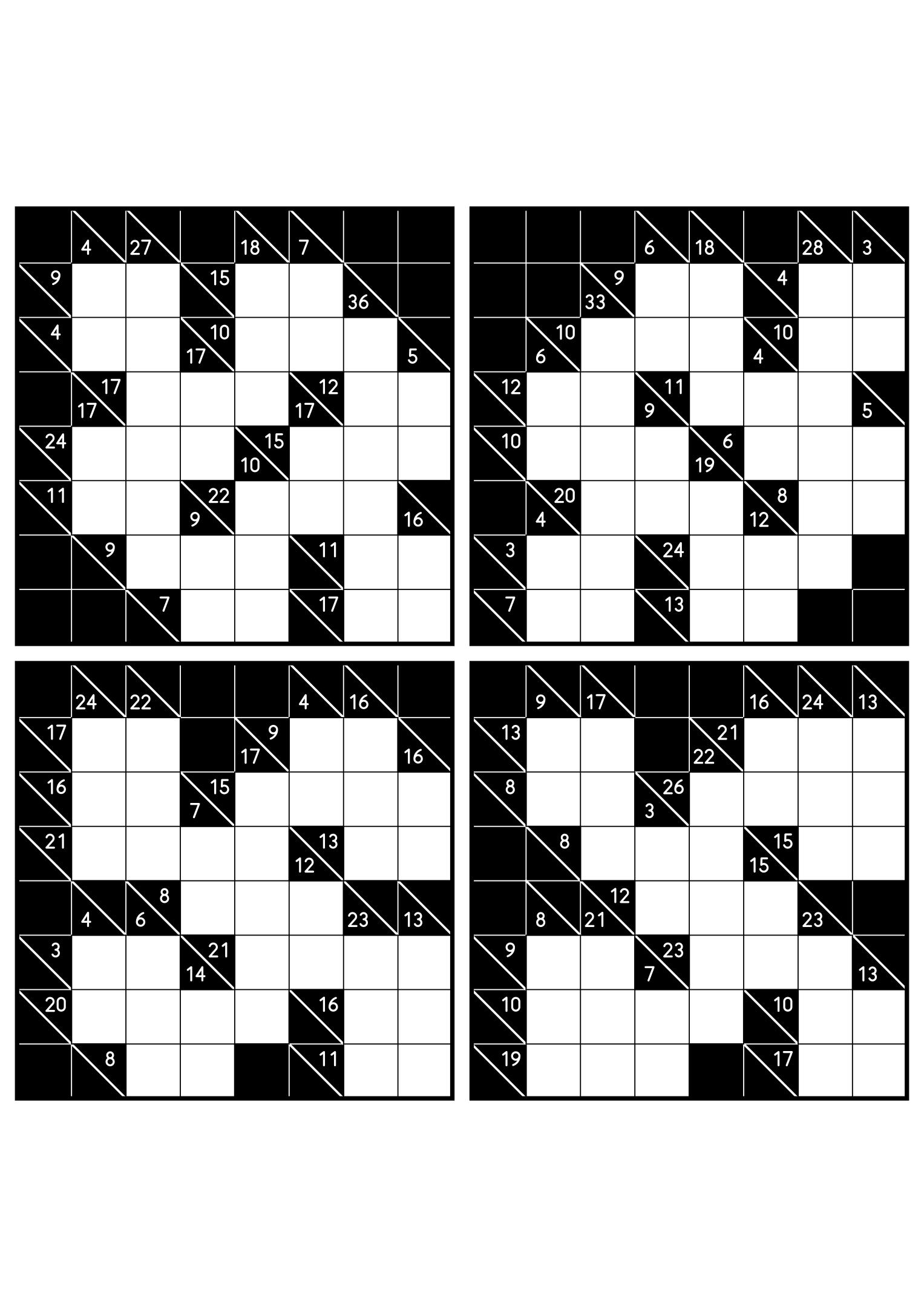 Four hard 8x8 kakuro grids whose runs must be tested whole. Level: Hard, 4 puzzles per page. Variant 2.