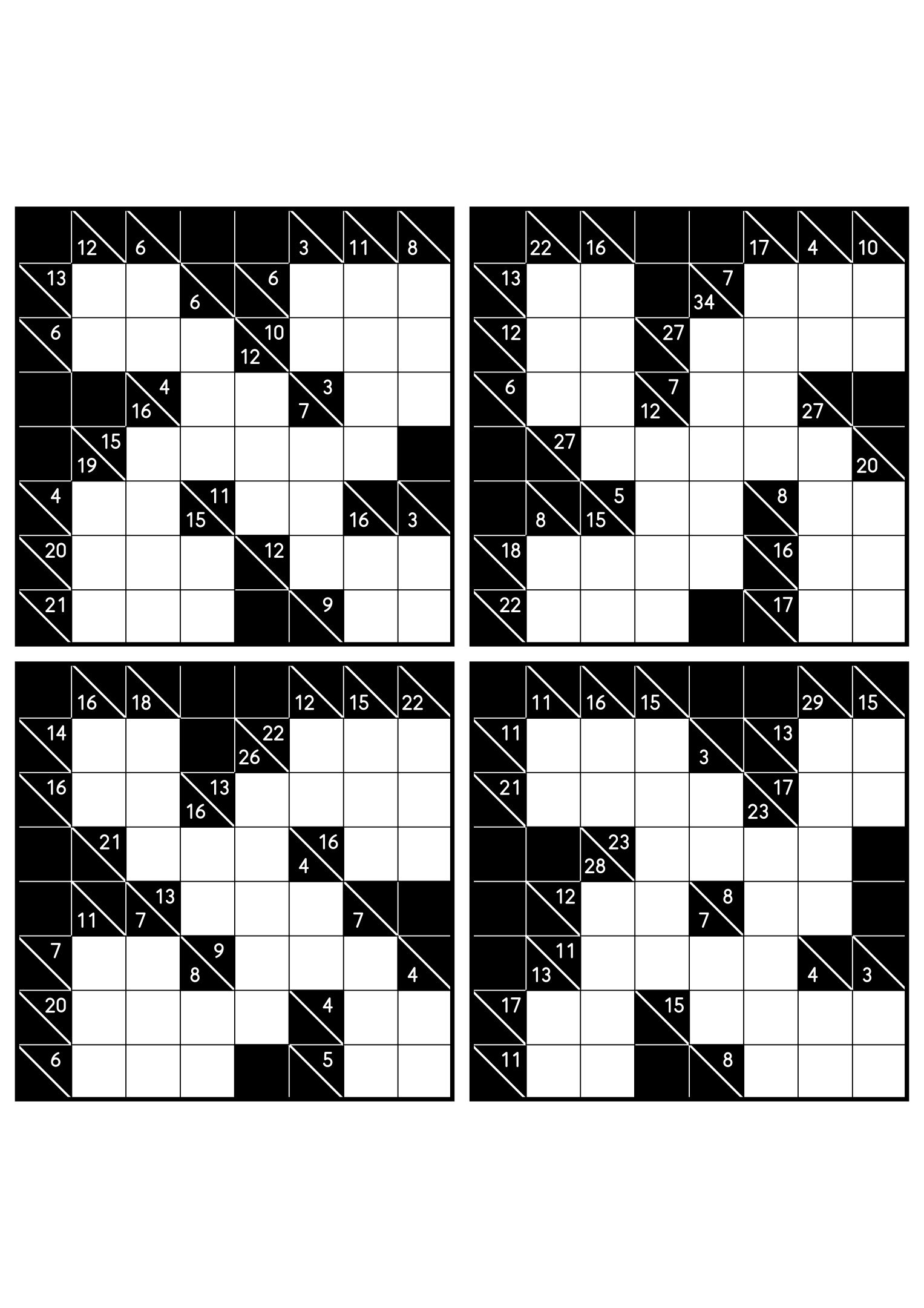 Four hard 8x8 kakuro grids whose runs must be tested whole. Level: Hard, 4 puzzles per page. Variant 3.