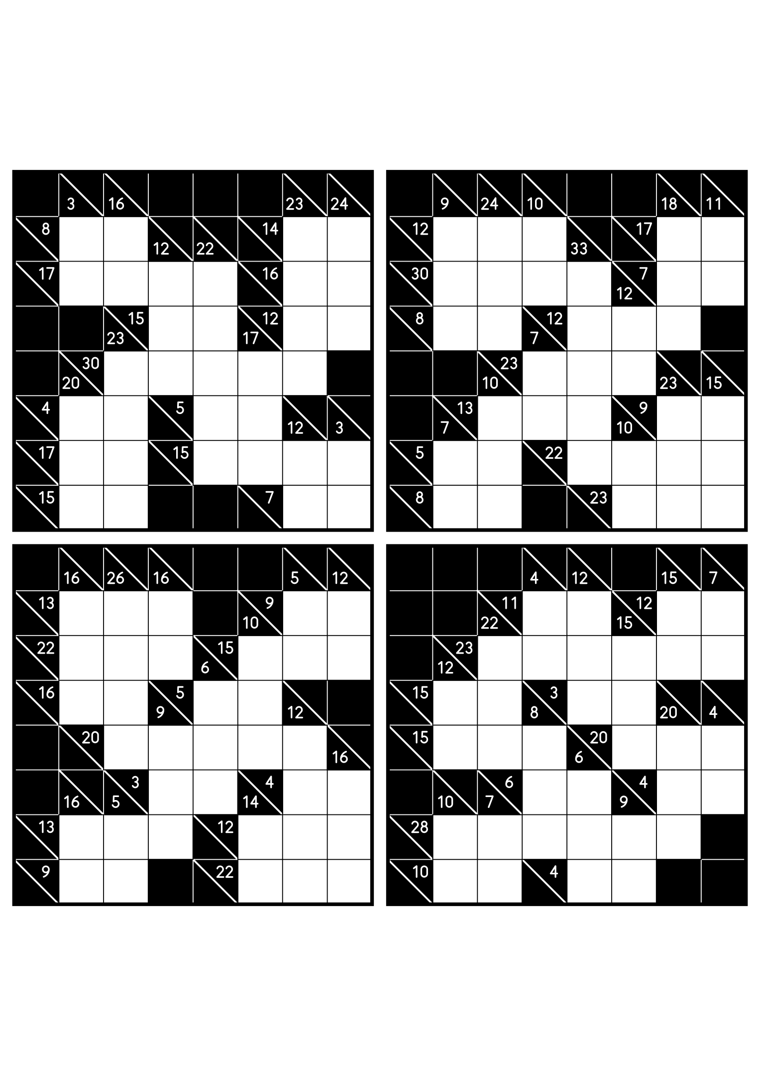Four hard 8x8 kakuro grids whose runs must be tested whole. Level: Hard, 4 puzzles per page. Variant 4.