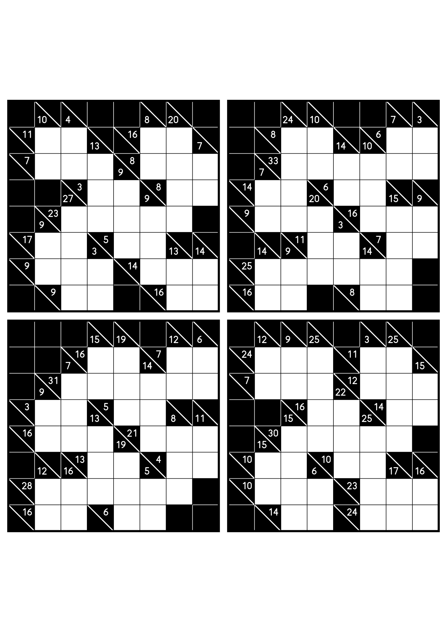 Four hard 8x8 kakuro grids whose runs must be tested whole. Level: Hard, 4 puzzles per page. Variant 5.