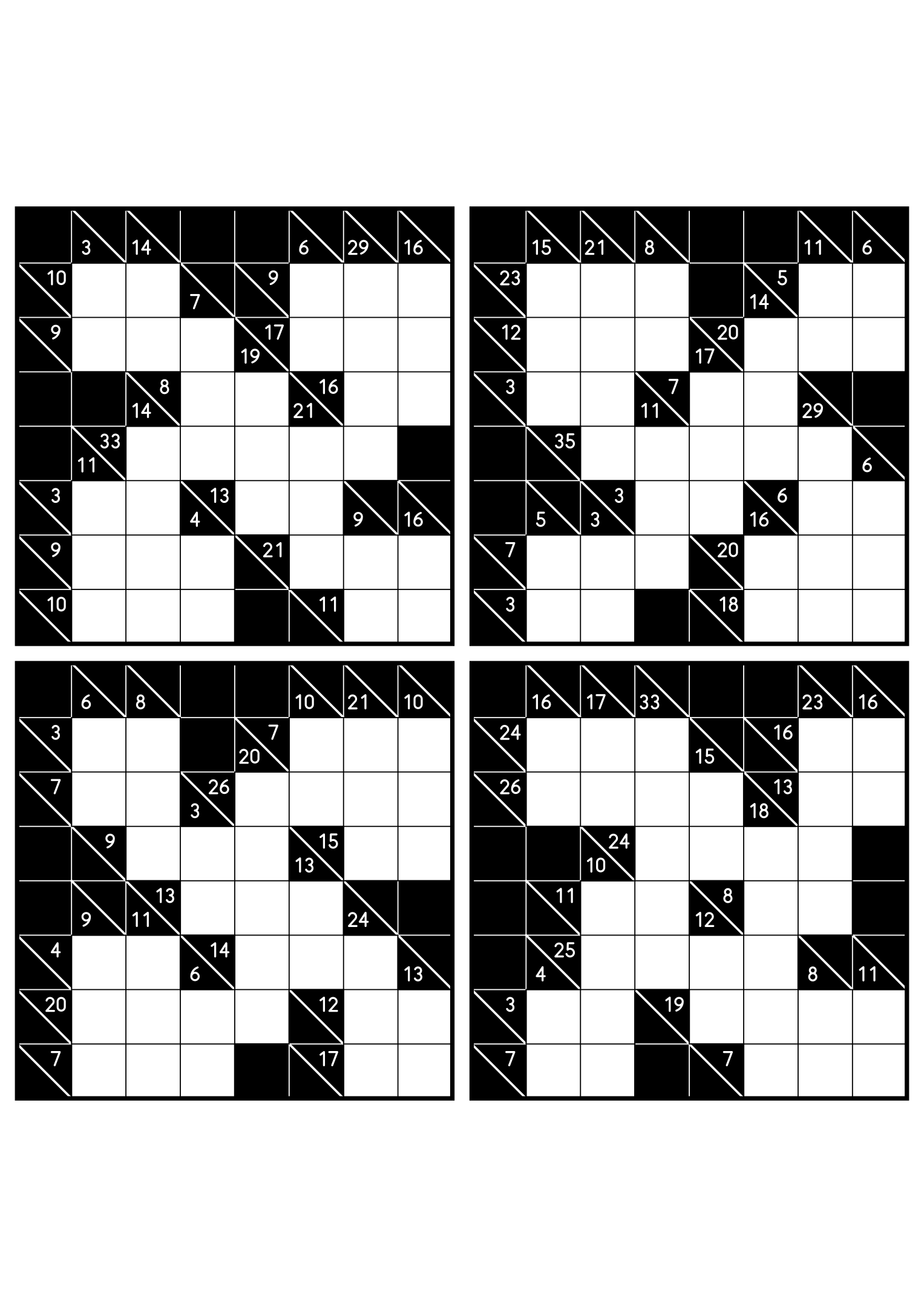 Four hard 8x8 kakuro grids whose runs must be tested whole. Level: Hard, 4 puzzles per page. Variant 6.
