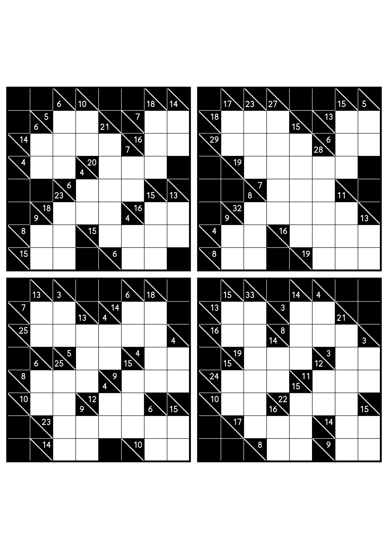 Four hard 8x8 kakuro grids whose runs must be tested whole. Level: Hard, 4 puzzles per page. Variant 7.