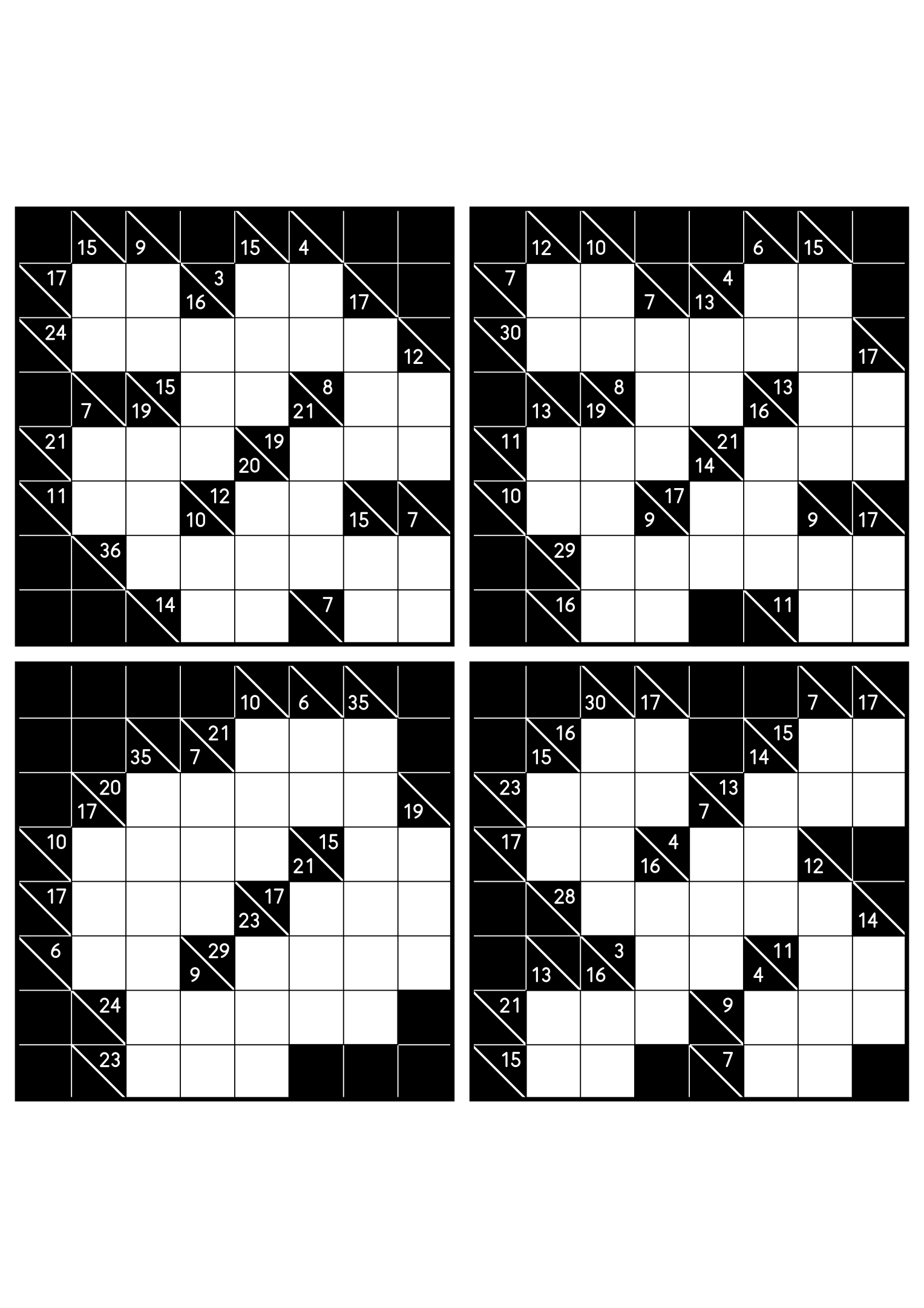 Four hard 8x8 kakuro grids whose runs must be tested whole. Level: Hard, 4 puzzles per page. Variant 8.