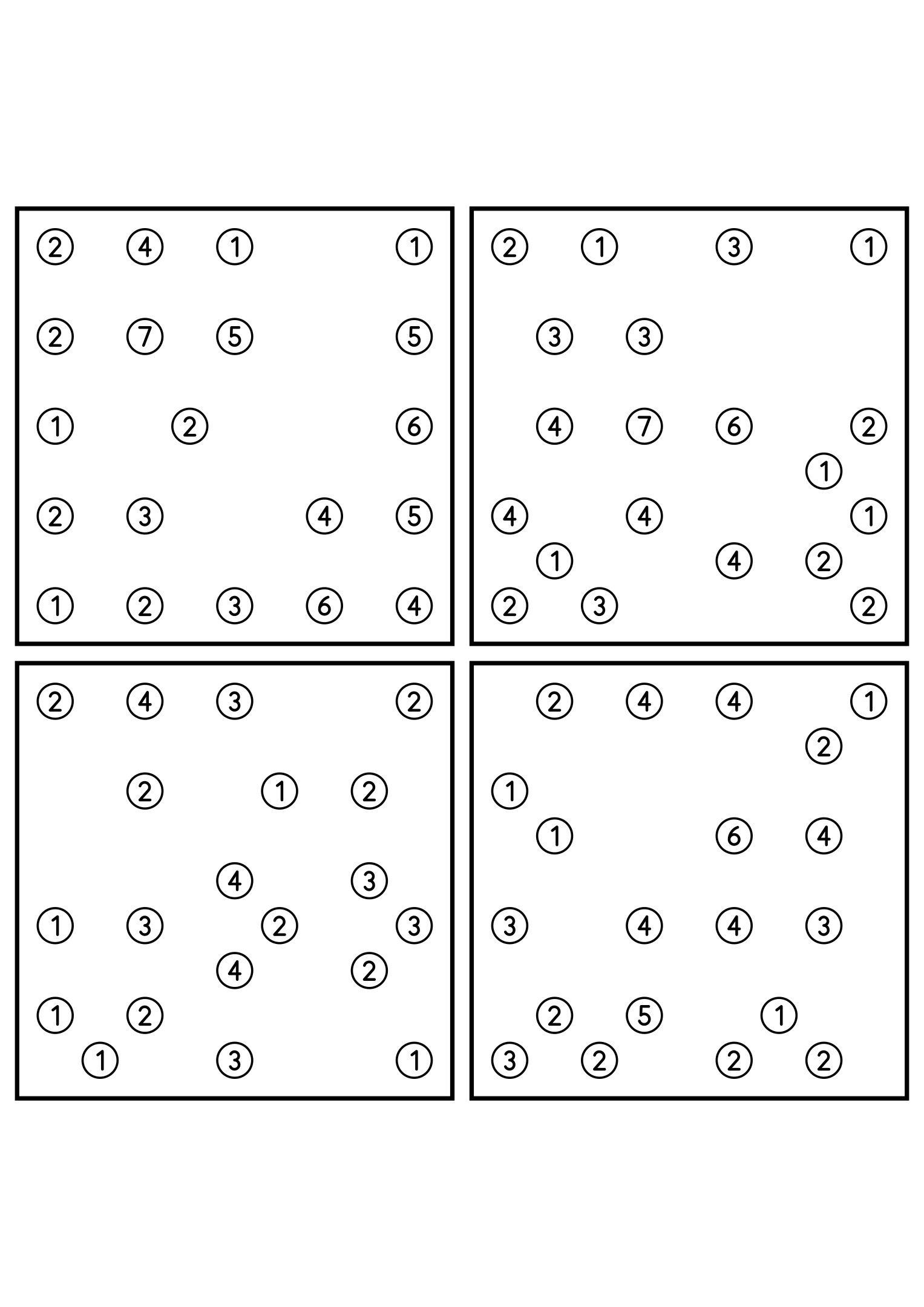 Four hard 9x9 hashi puzzles with bridges to test in your head. Level: Hard, 4 puzzles per page. Variant 2.