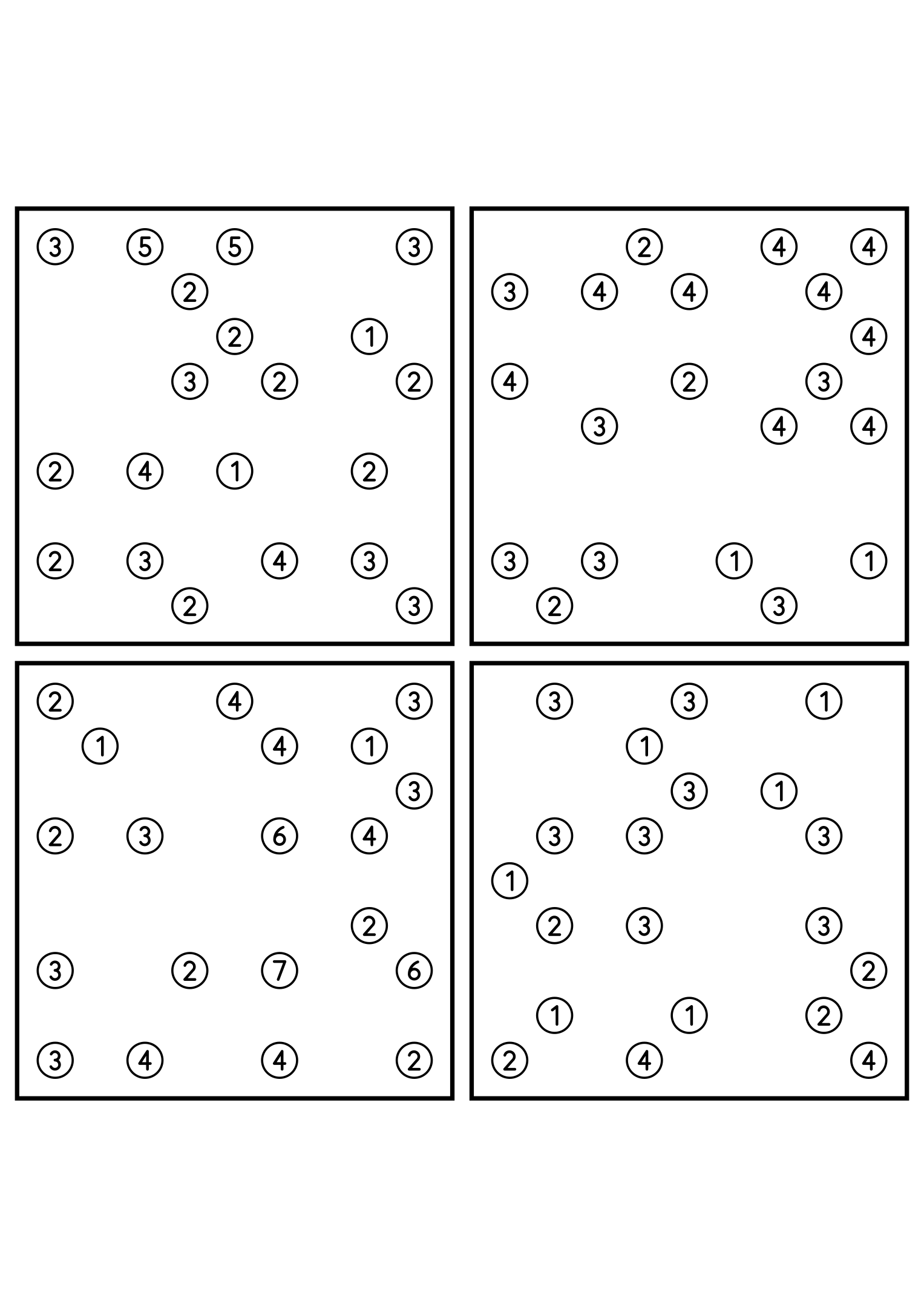 Four hard 9x9 hashi puzzles with bridges to test in your head. Level: Hard, 4 puzzles per page. Variant 3.