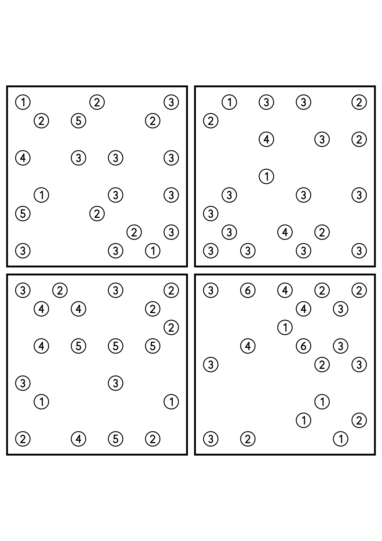 Four hard 9x9 hashi puzzles with bridges to test in your head. Level: Hard, 4 puzzles per page. Variant 4.