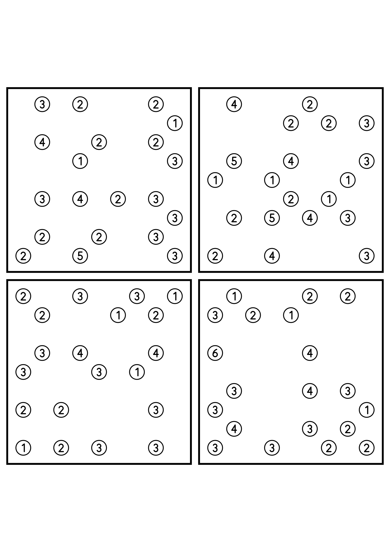 Four hard 9x9 hashi puzzles with bridges to test in your head. Level: Hard, 4 puzzles per page. Variant 5.