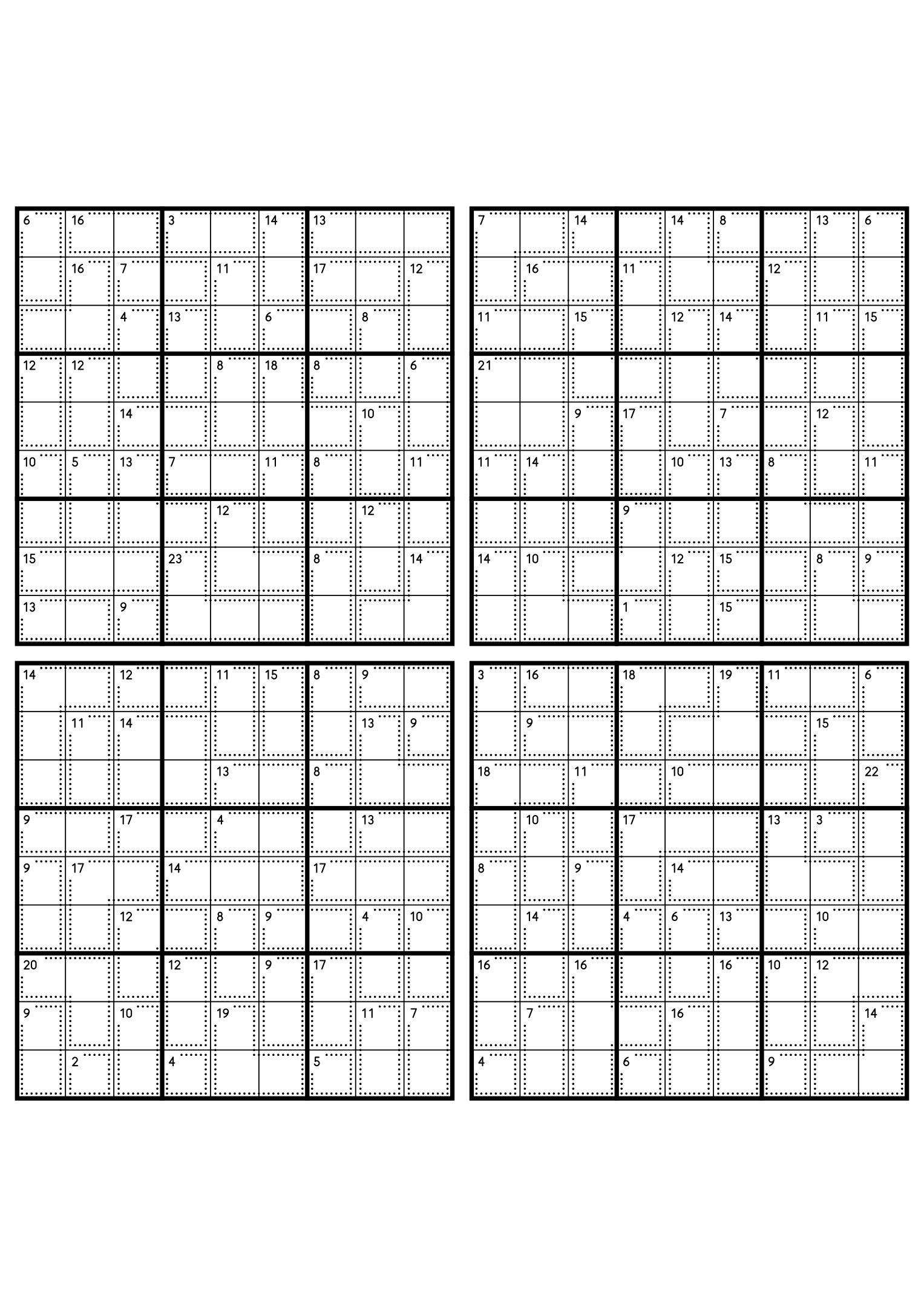 Four hard 9x9 killer sudoku grids with larger cages and no given digit. Level: Hard, 4 puzzles per page. Variant 1.