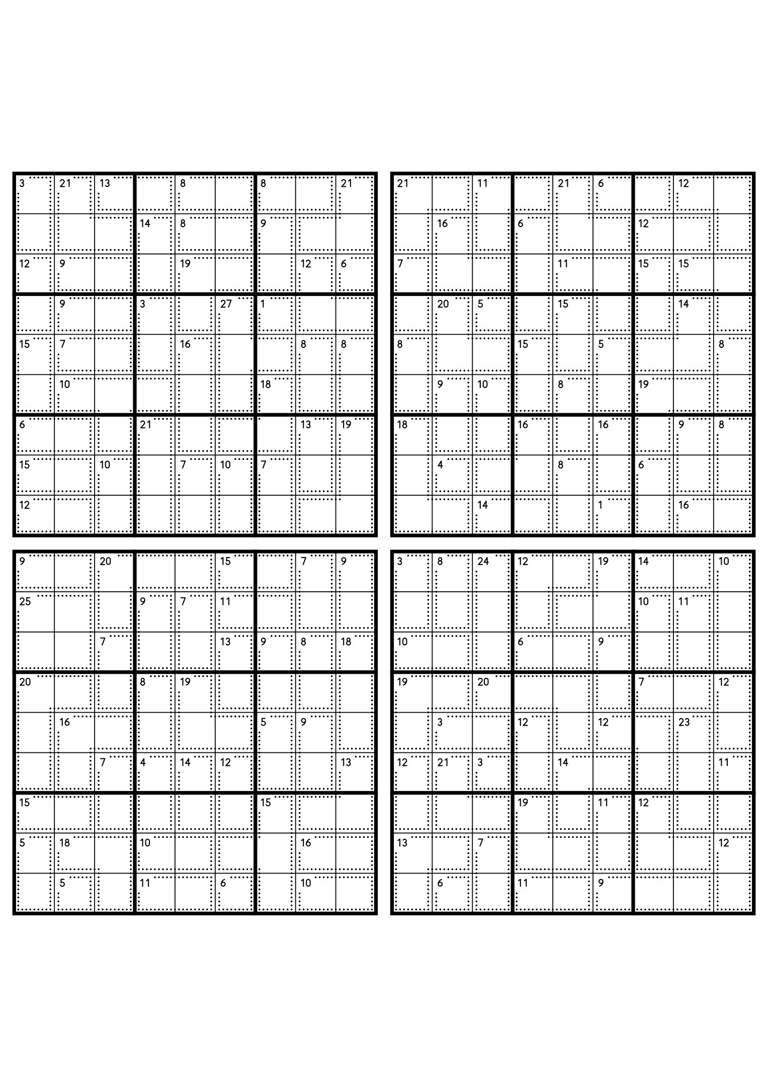 Four hard 9x9 killer sudoku grids with larger cages and no given digit. Level: Hard, 4 puzzles per page. Variant 2.