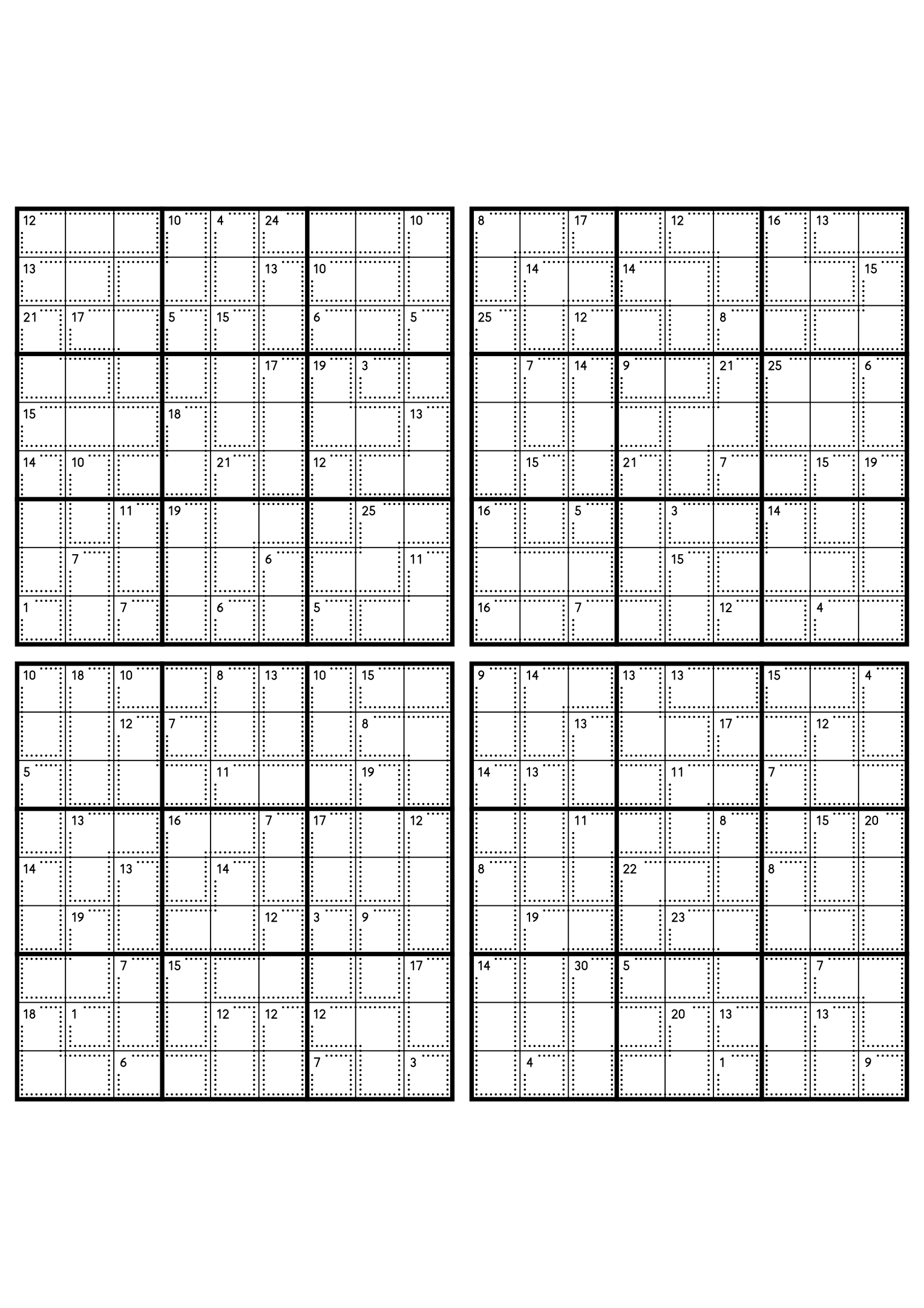 Four hard 9x9 killer sudoku grids with larger cages and no given digit. Level: Hard, 4 puzzles per page. Variant 3.