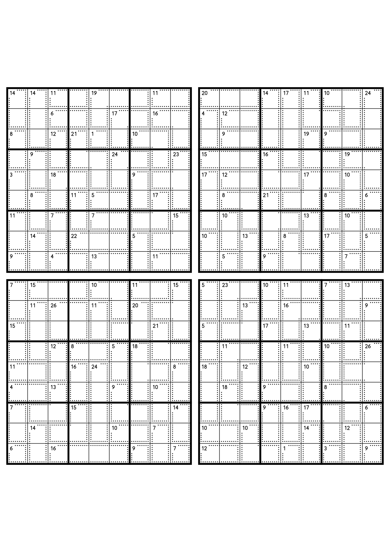 Four hard 9x9 killer sudoku grids with larger cages and no given digit. Level: Hard, 4 puzzles per page. Variant 4.