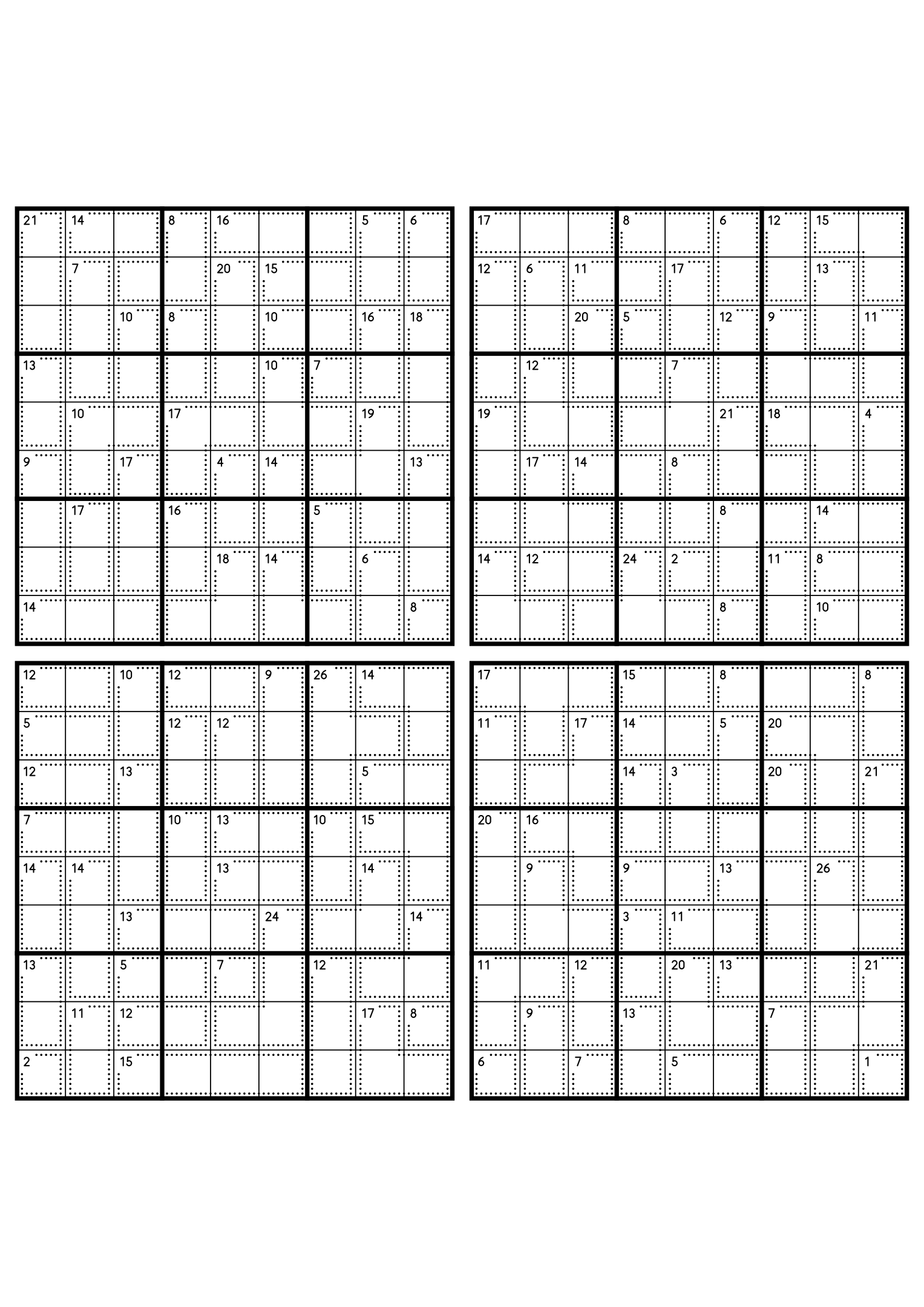 Four hard 9x9 killer sudoku grids with larger cages and no given digit. Level: Hard, 4 puzzles per page. Variant 5.
