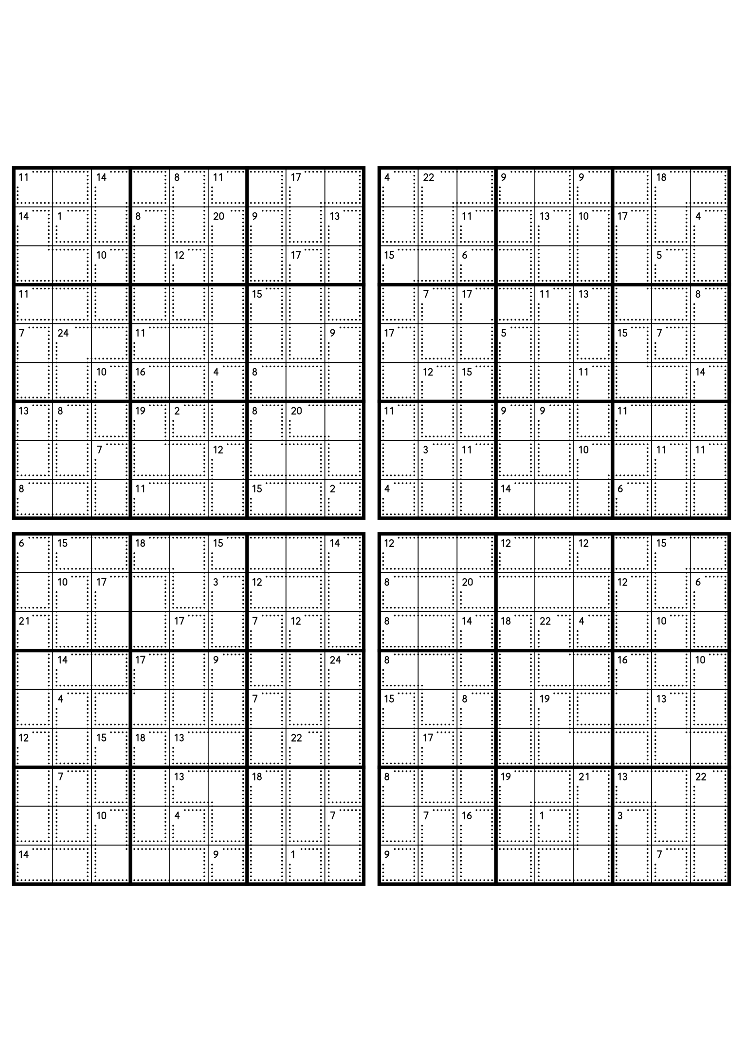 Four hard 9x9 killer sudoku grids with larger cages and no given digit. Level: Hard, 4 puzzles per page. Variant 6.