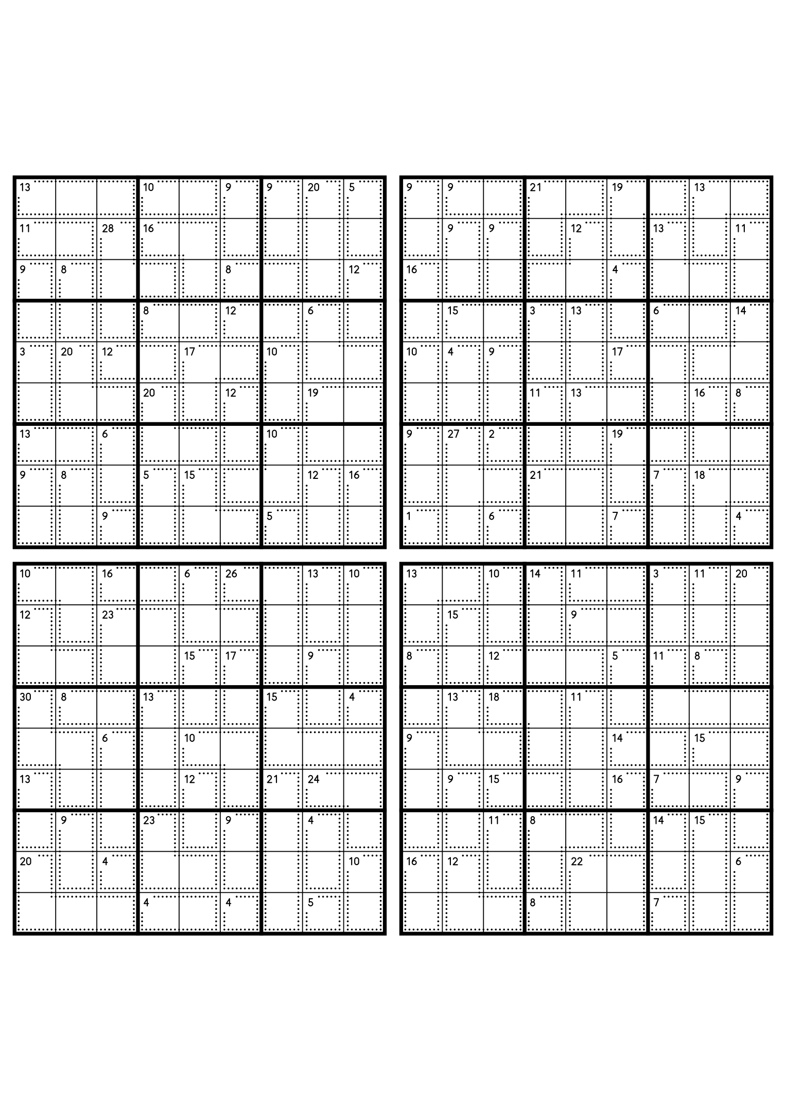 Four hard 9x9 killer sudoku grids with larger cages and no given digit. Level: Hard, 4 puzzles per page. Variant 7.