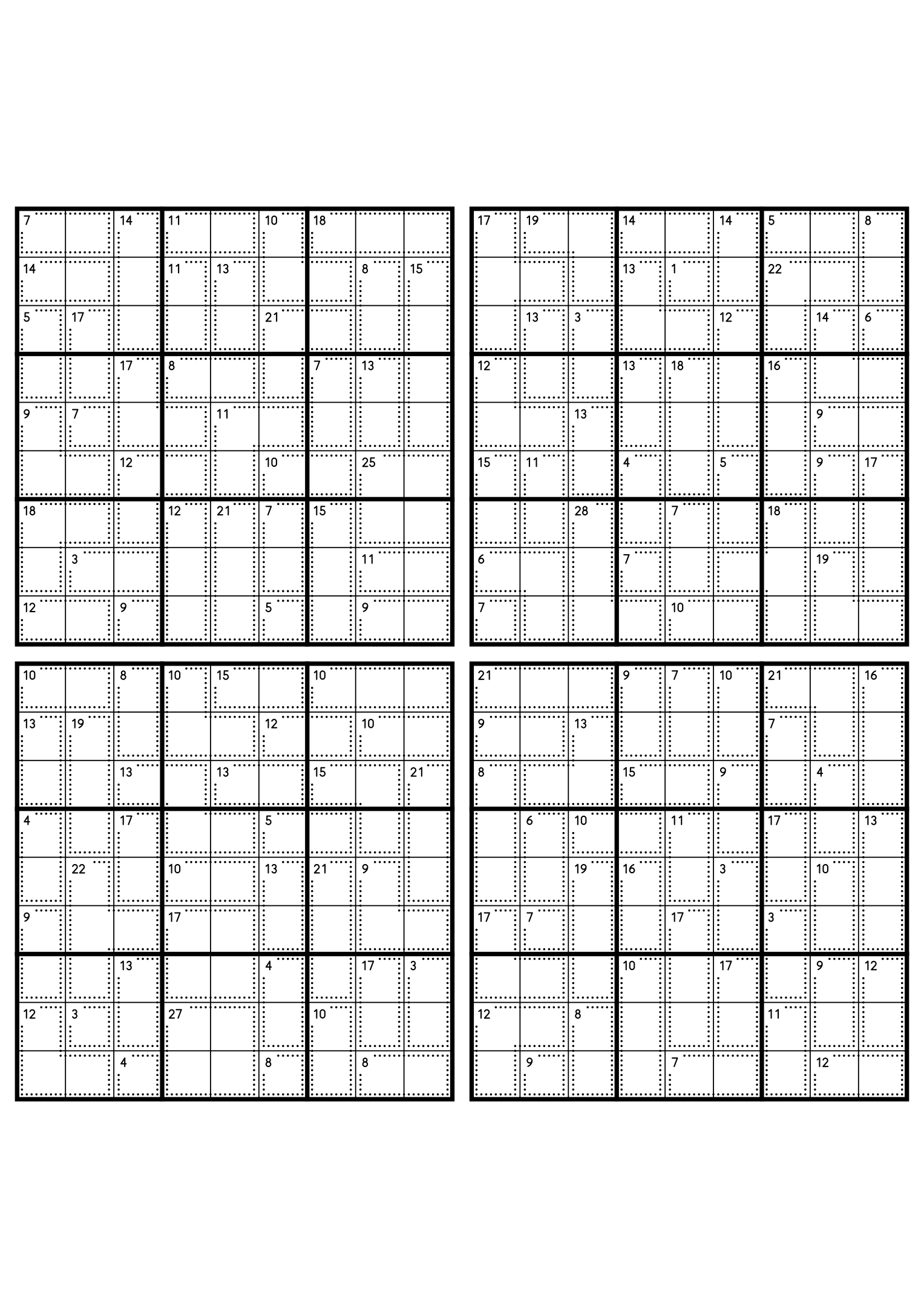 Four hard 9x9 killer sudoku grids with larger cages and no given digit. Level: Hard, 4 puzzles per page. Variant 8.
