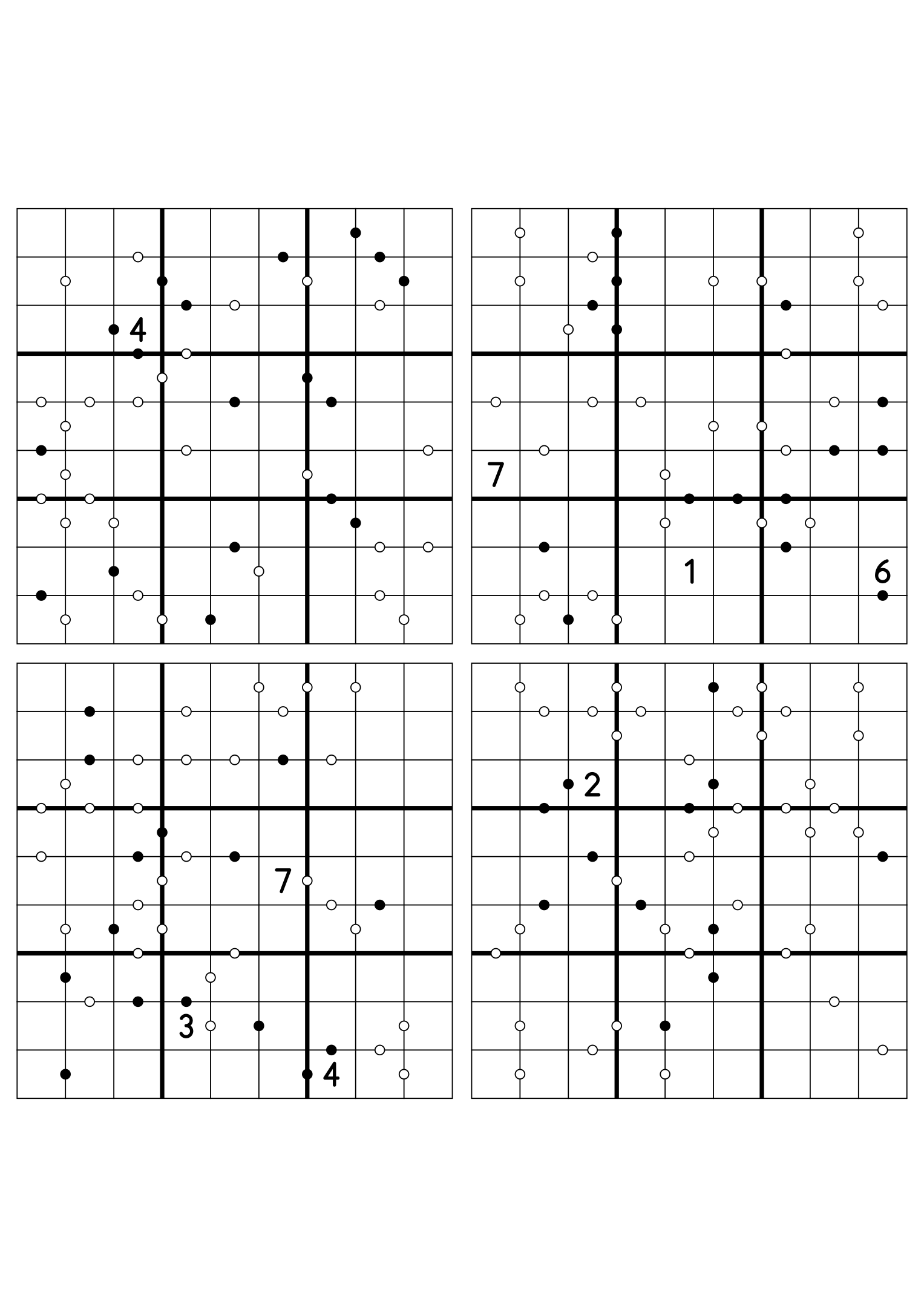 Four hard 9x9 Kropki sudokus on one sheet, nearly empty at the start. Variant 1.