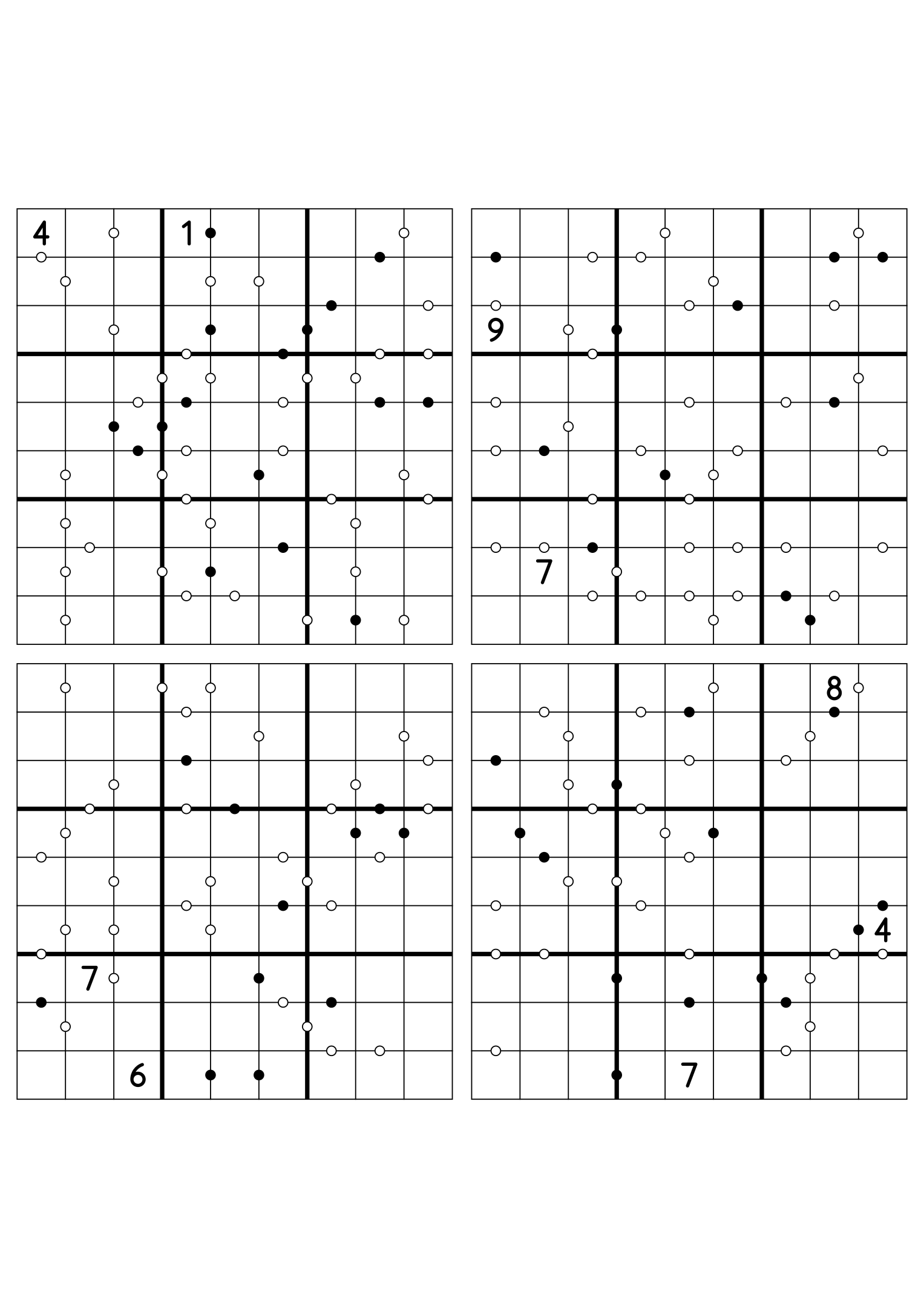 Four hard 9x9 Kropki sudokus on one sheet, nearly empty at the start. Variant 2.
