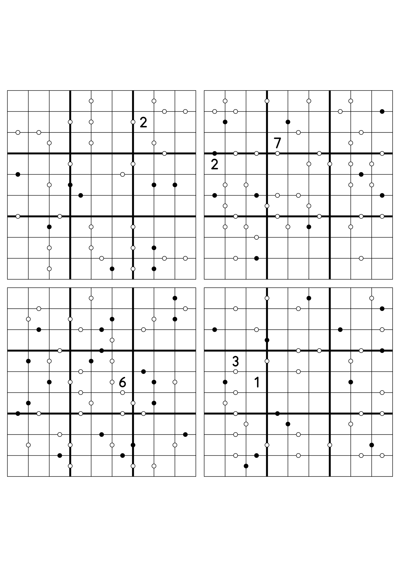 Four hard 9x9 Kropki sudokus on one sheet, nearly empty at the start. Variant 3.