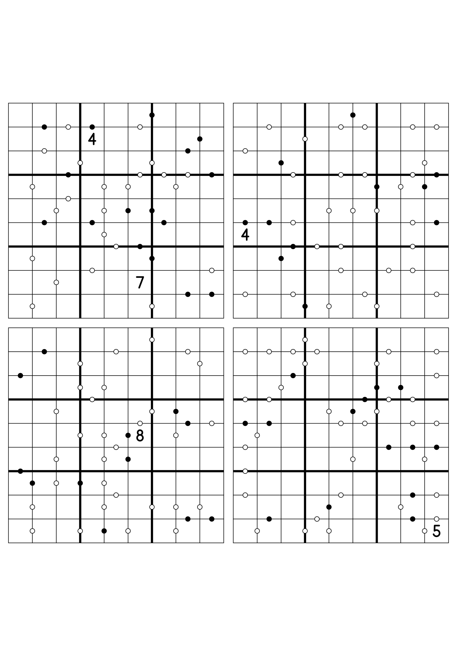 Four hard 9x9 Kropki sudokus on one sheet, nearly empty at the start. Variant 4.