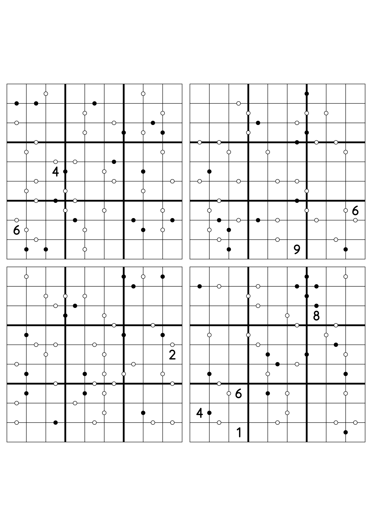 Four hard 9x9 Kropki sudokus on one sheet, nearly empty at the start. Variant 5.