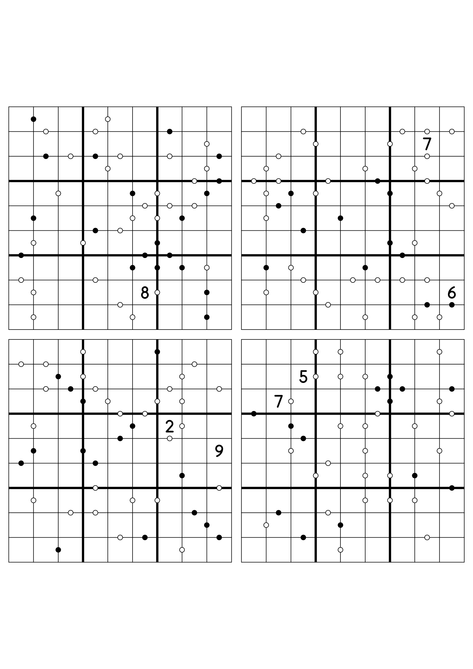 Four hard 9x9 Kropki sudokus on one sheet, nearly empty at the start. Variant 6.