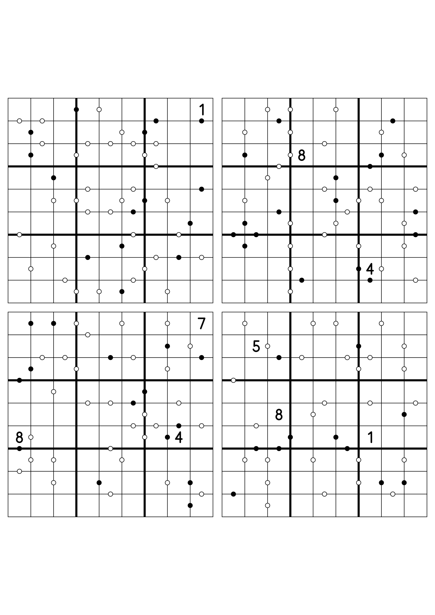 Four hard 9x9 Kropki sudokus on one sheet, nearly empty at the start. Variant 7.