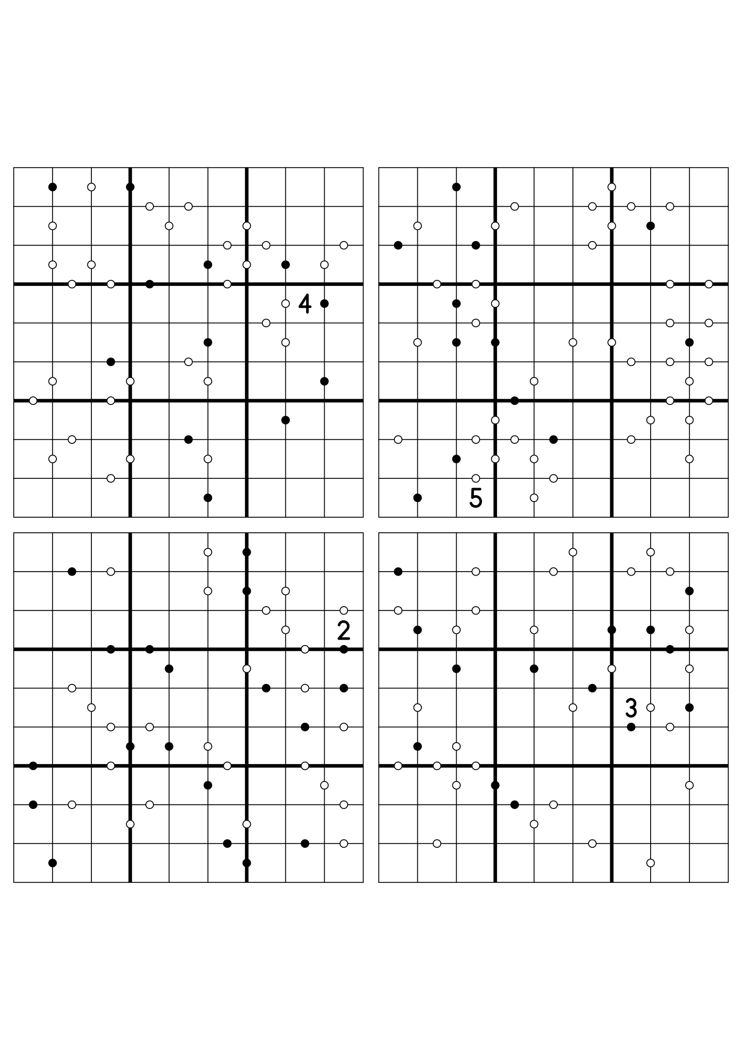 Four hard 9x9 Kropki sudokus on one sheet, nearly empty at the start. Variant 8.