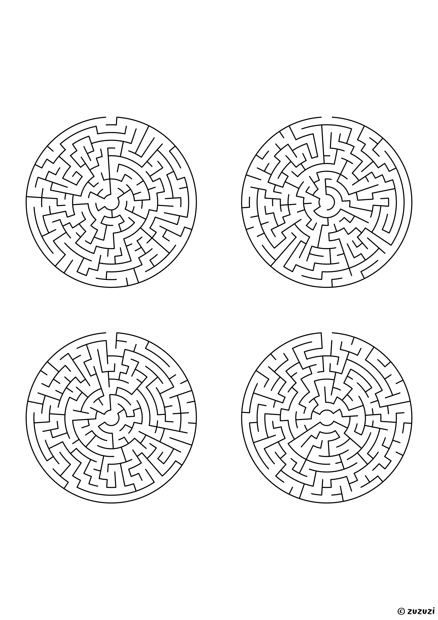 Hard circular mazes, black-and-white lines, designed for focused kids who like tricky puzzles. 4 mazes per page, variant 1.