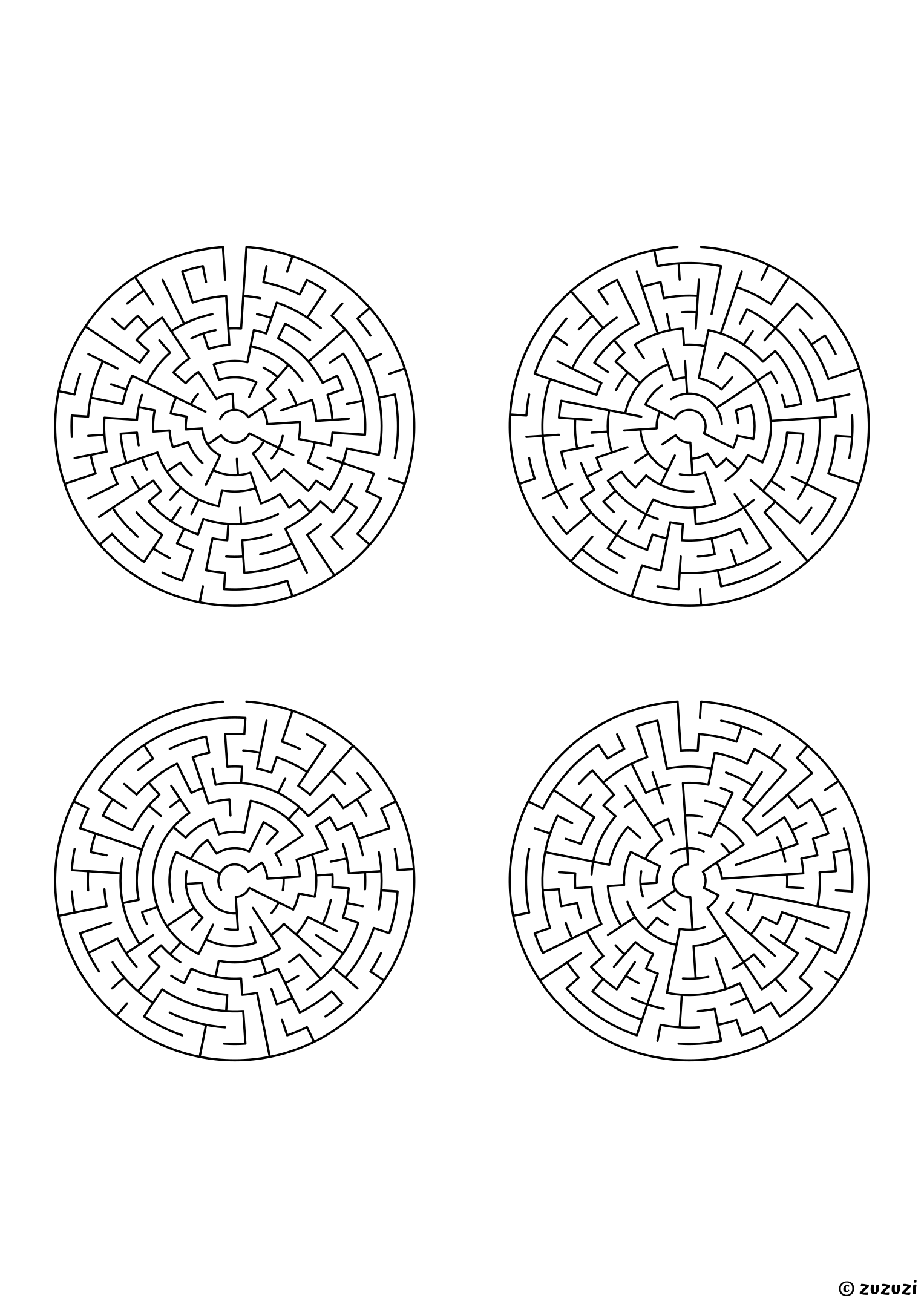 Hard circular mazes, black-and-white lines, designed for focused kids who like tricky puzzles. 4 mazes per page, variant 2.