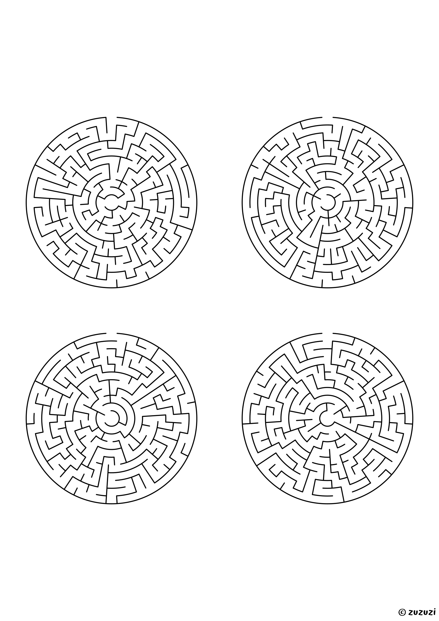 Hard circular mazes, black-and-white lines, designed for focused kids who like tricky puzzles. 4 mazes per page, variant 3.