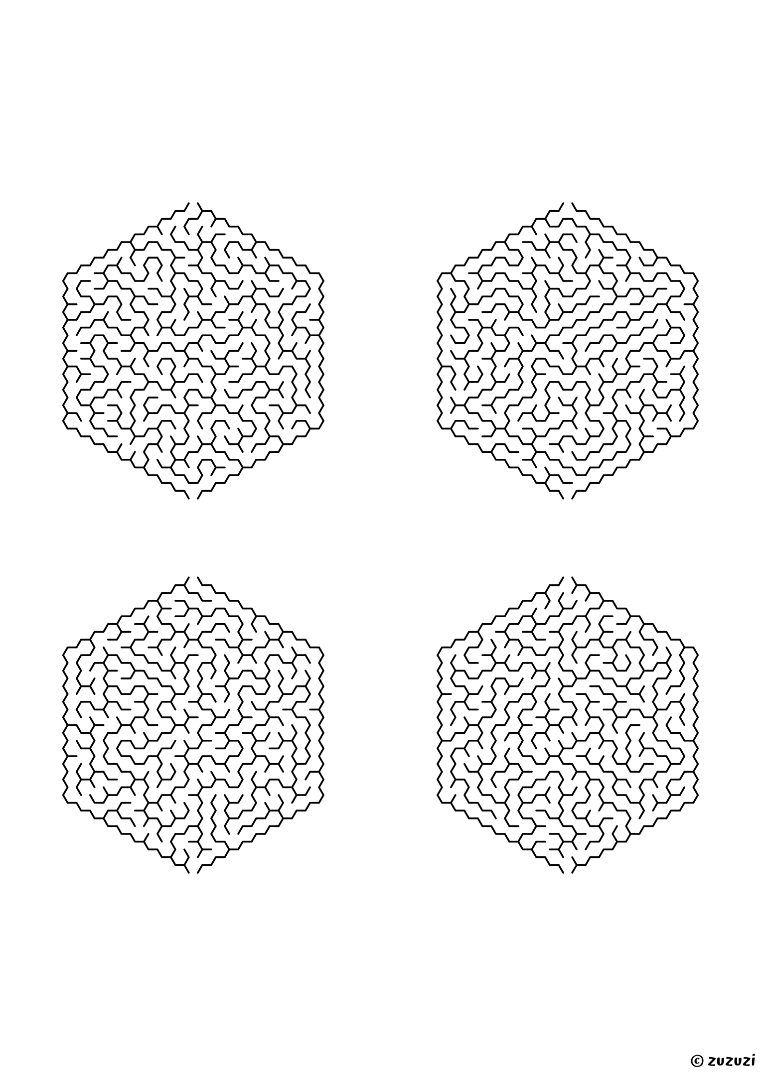 Hard hexagonal mazes made of honeycomb cells, black-and-white lines, designed for focused kids who like tricky puzzles. 4 mazes per page, variant 1.