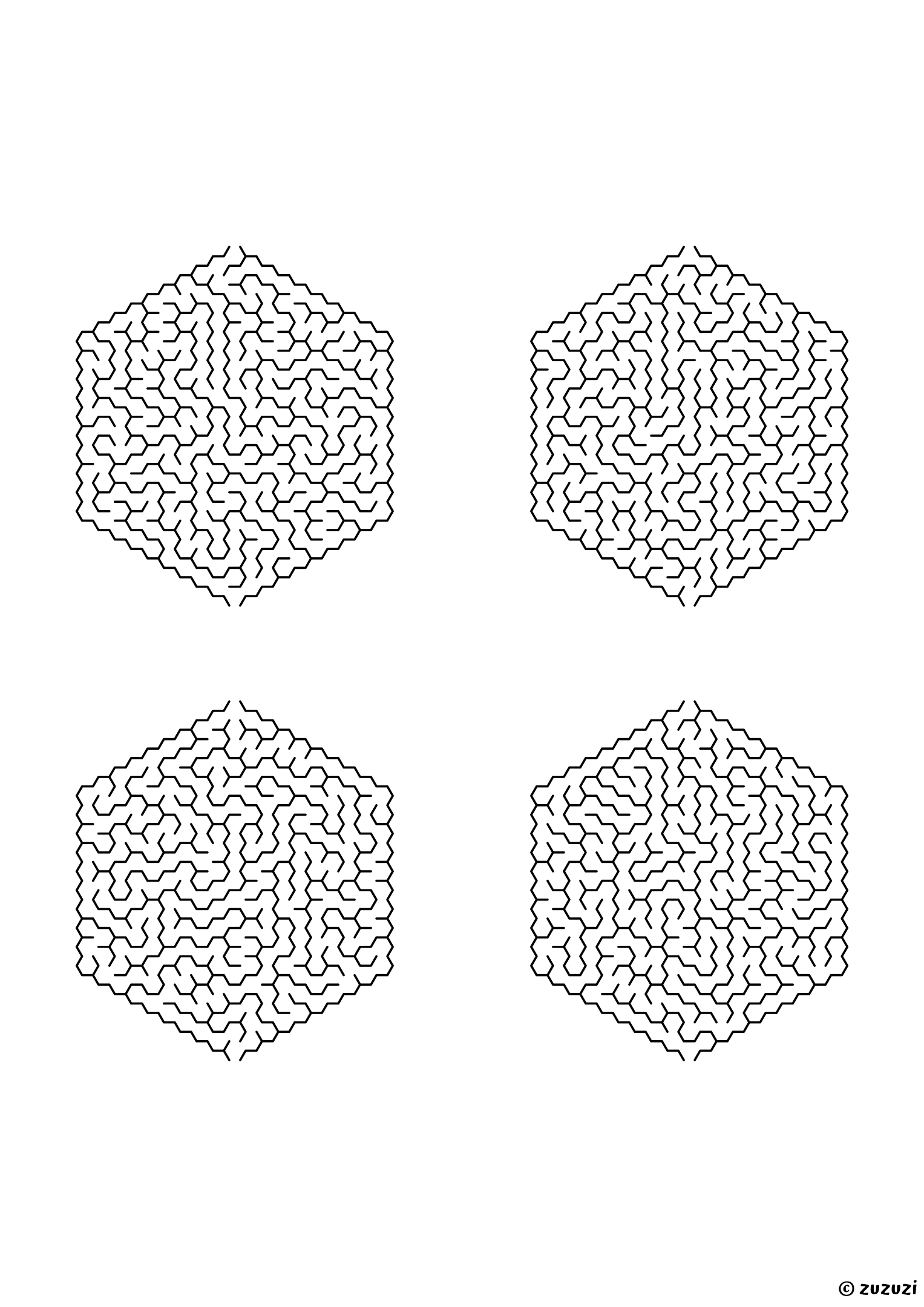 Hard hexagonal mazes made of honeycomb cells, black-and-white lines, designed for focused kids who like tricky puzzles. 4 mazes per page, variant 3.