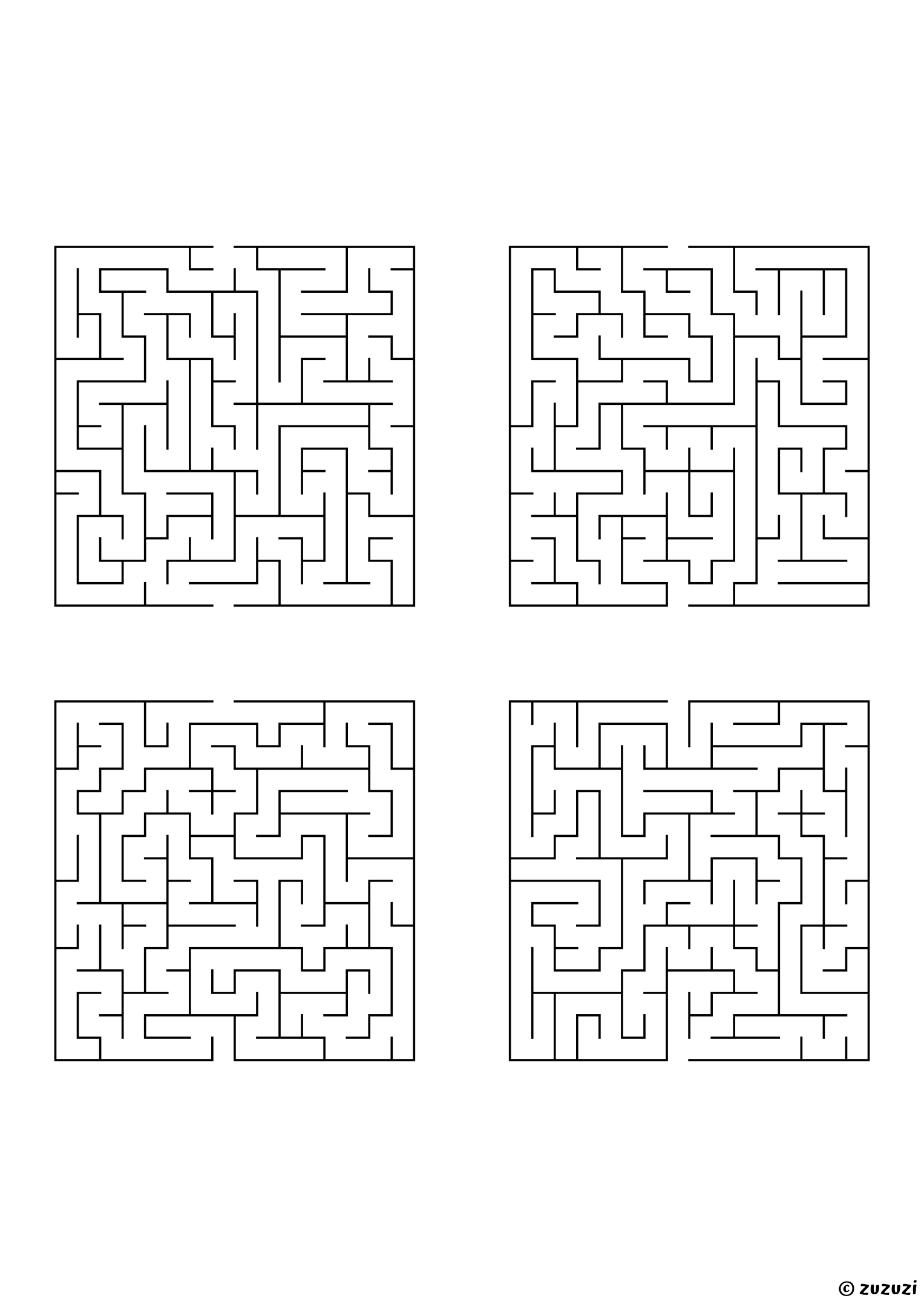 Hard rectangular mazes, black-and-white lines, designed for focused kids who like tricky puzzles. 4 mazes per page, variant 1.