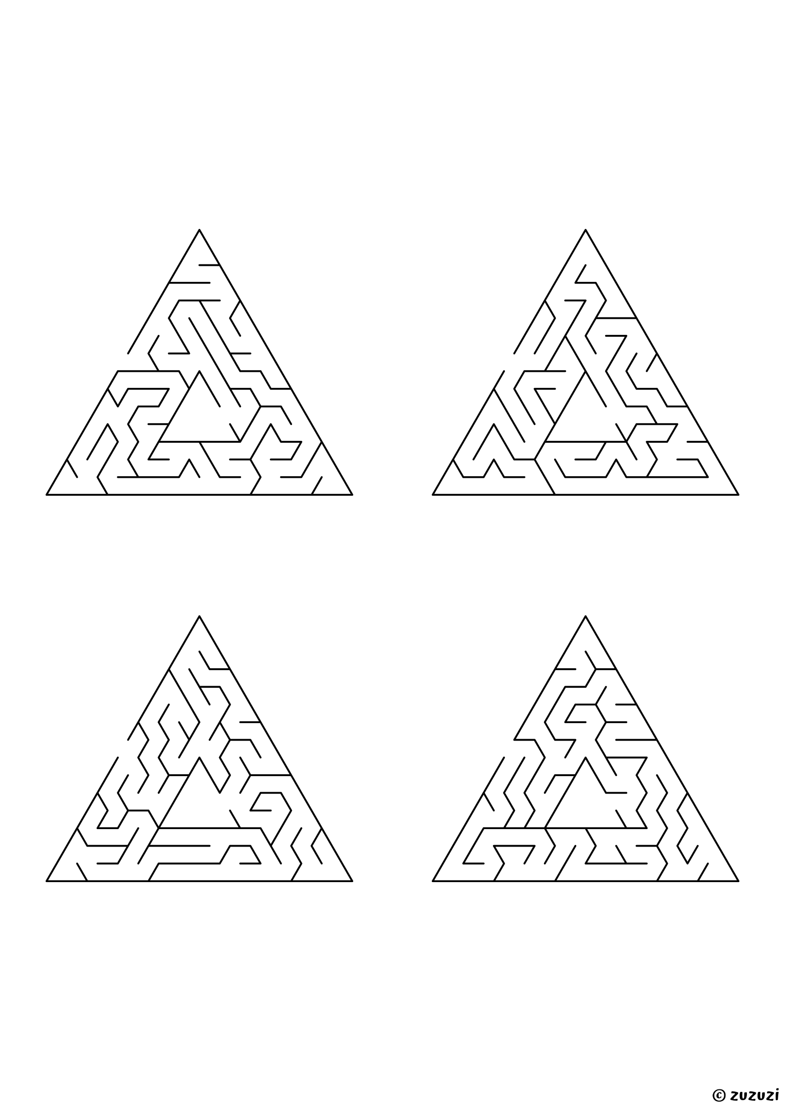 Hard triangular mazes, black-and-white lines, designed for focused kids who like tricky puzzles. 4 mazes per page, variant 1.