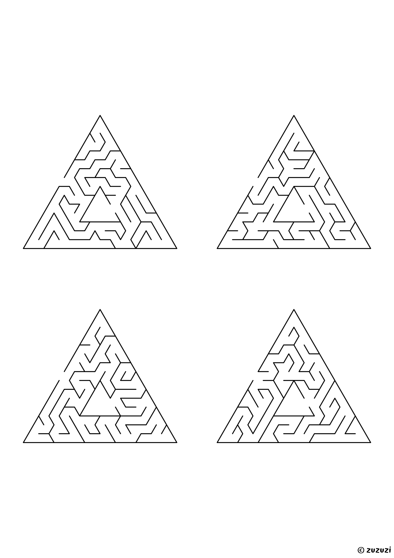 Hard triangular mazes, black-and-white lines, designed for focused kids who like tricky puzzles. 4 mazes per page, variant 2.