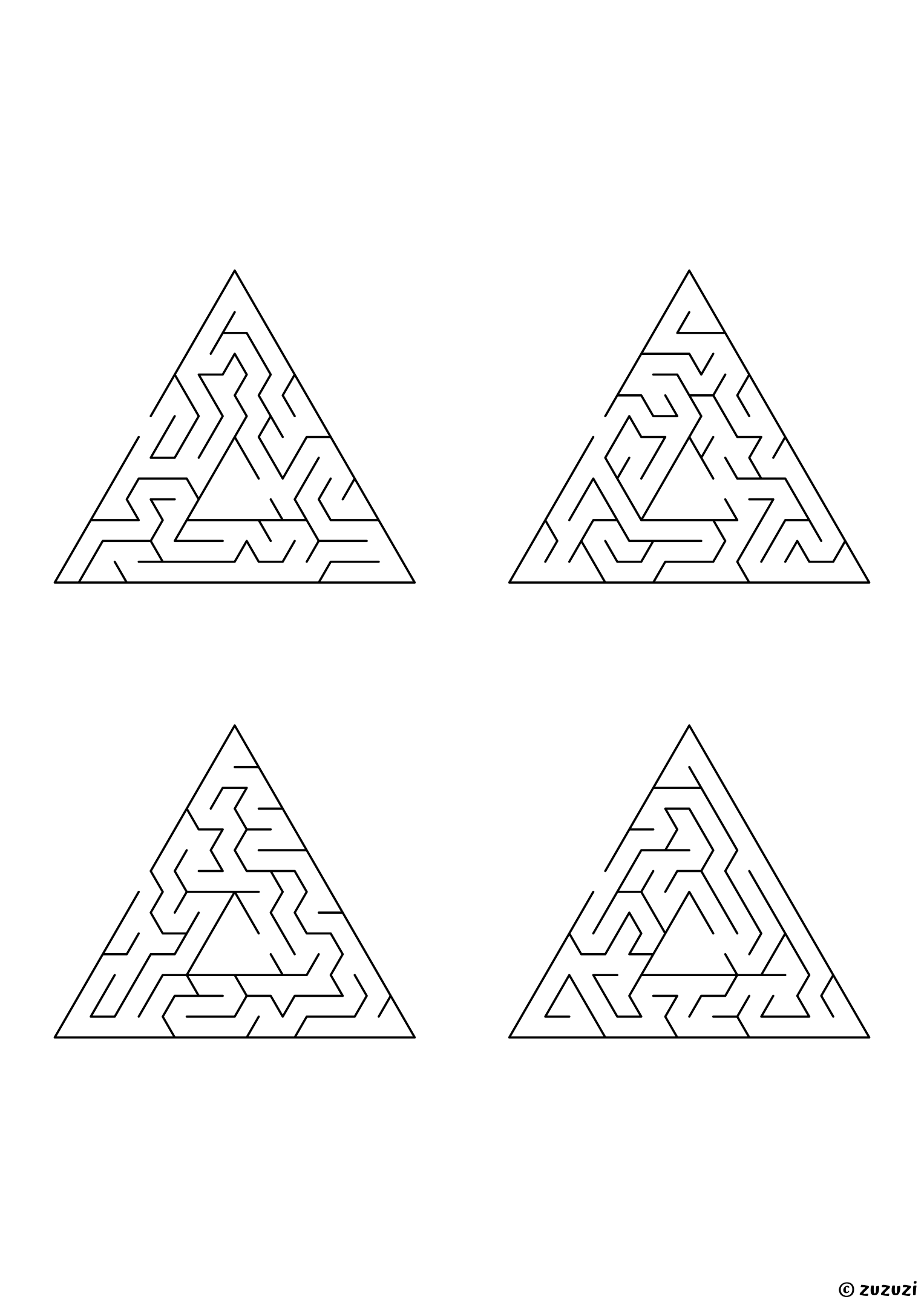 Hard triangular mazes, black-and-white lines, designed for focused kids who like tricky puzzles. 4 mazes per page, variant 3.