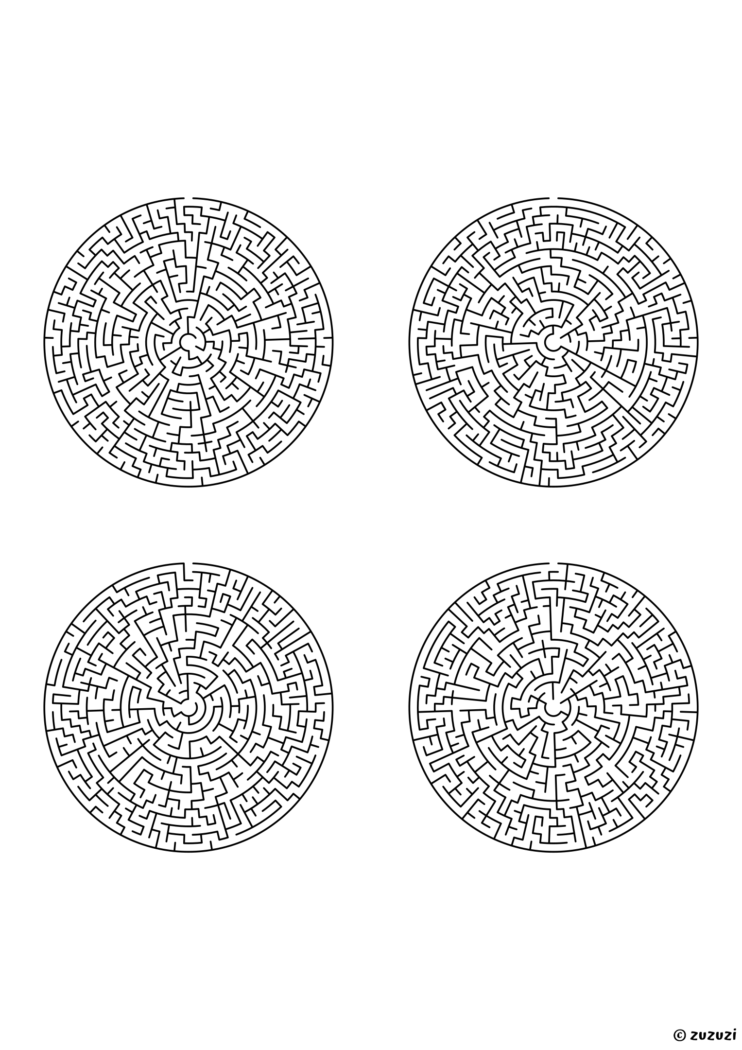Insane circular mazes, black-and-white lines, designed for expert problem solvers. 4 mazes per page, variant 1.