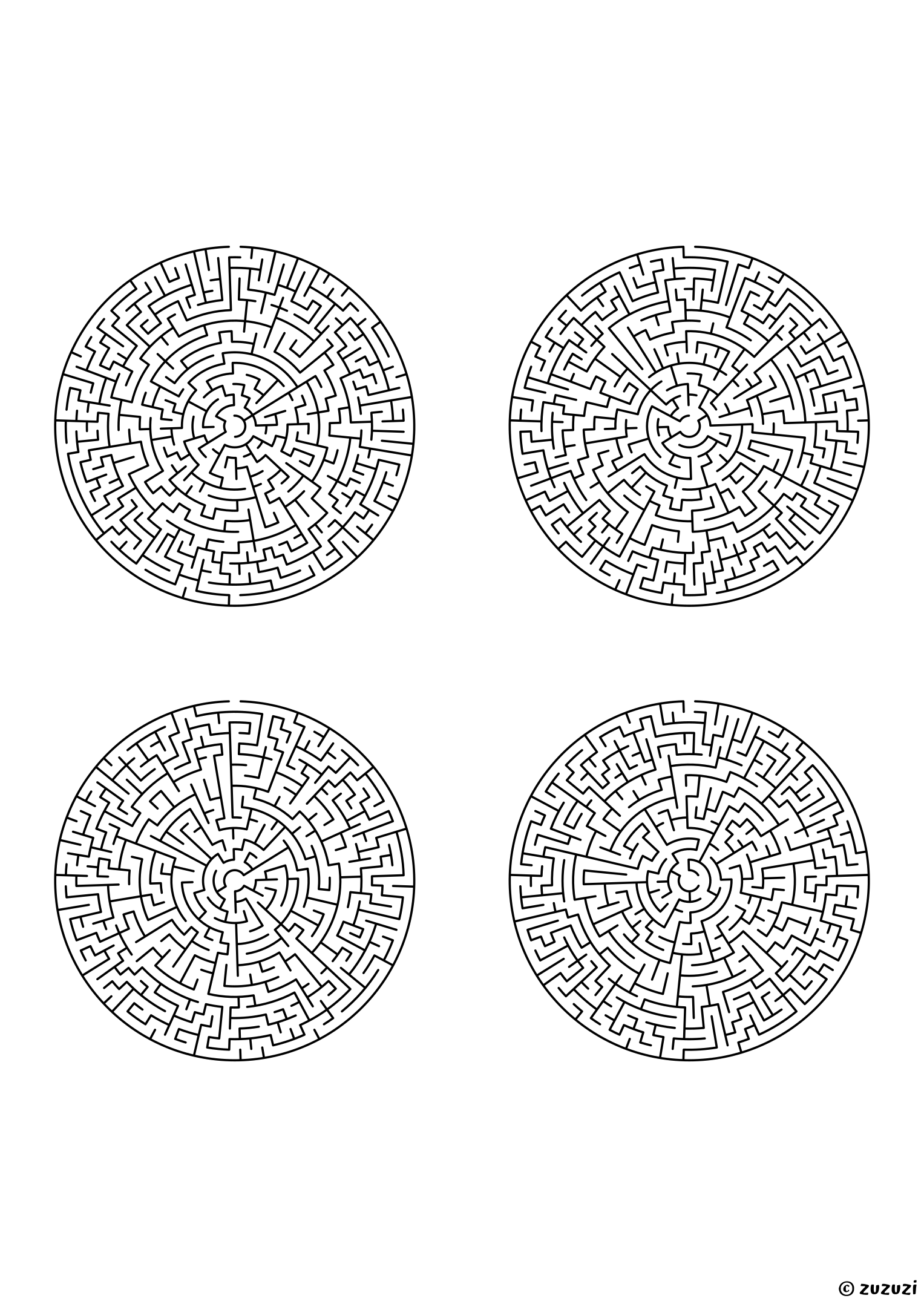 Insane circular mazes, black-and-white lines, designed for expert problem solvers. 4 mazes per page, variant 2.