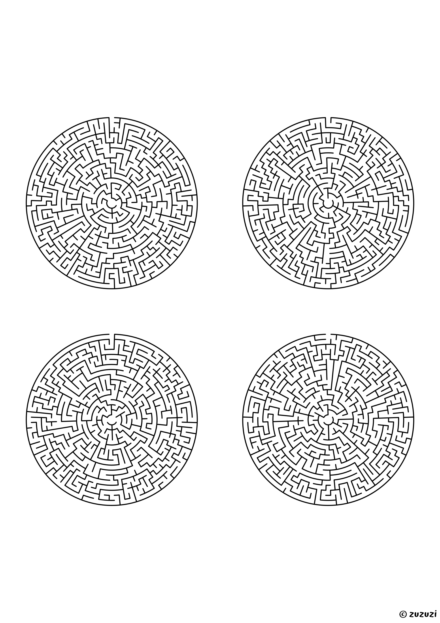 Insane circular mazes, black-and-white lines, designed for expert problem solvers. 4 mazes per page, variant 3.