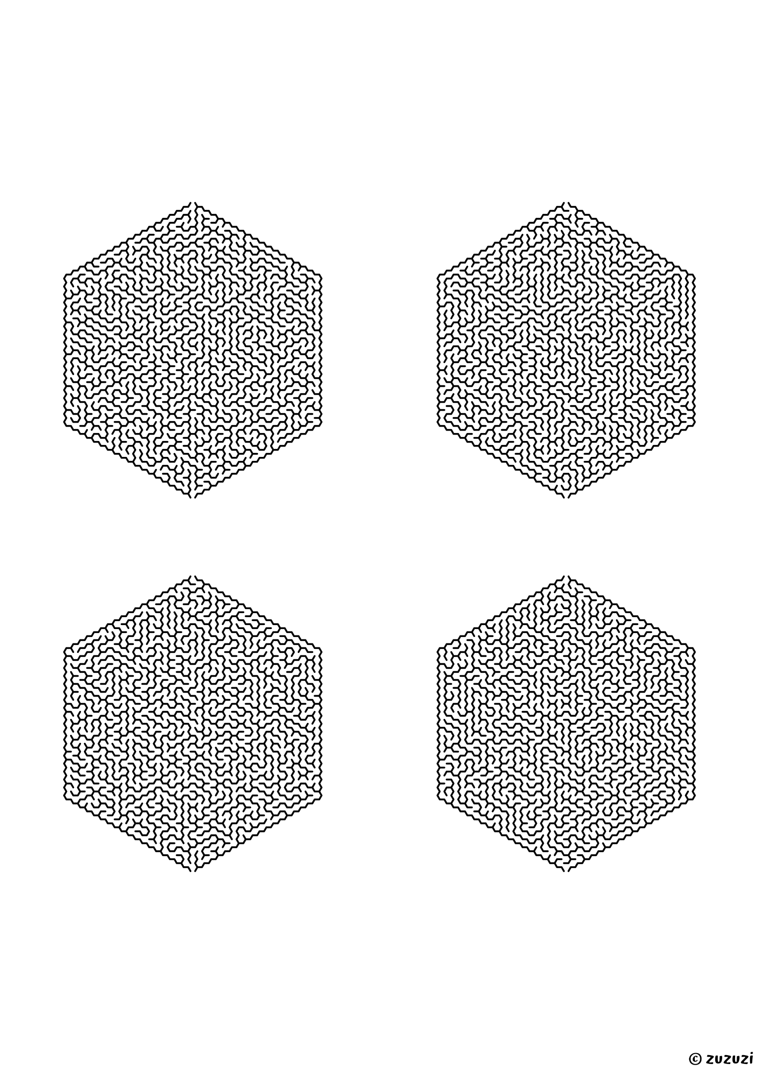 Insane hexagonal mazes made of honeycomb cells, black-and-white lines, designed for expert problem solvers. 4 mazes per page, variant 2.