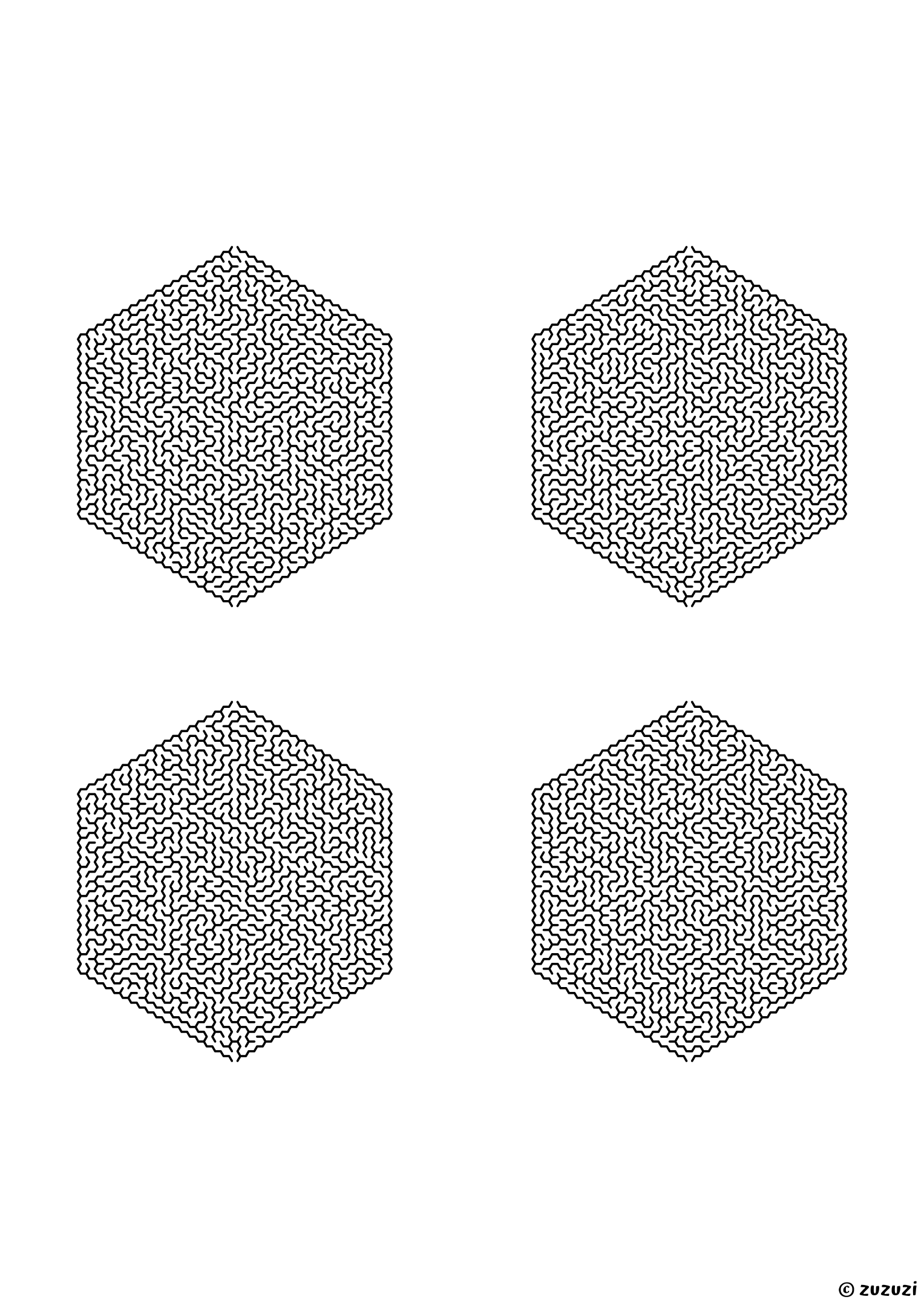Insane hexagonal mazes made of honeycomb cells, black-and-white lines, designed for expert problem solvers. 4 mazes per page, variant 3.