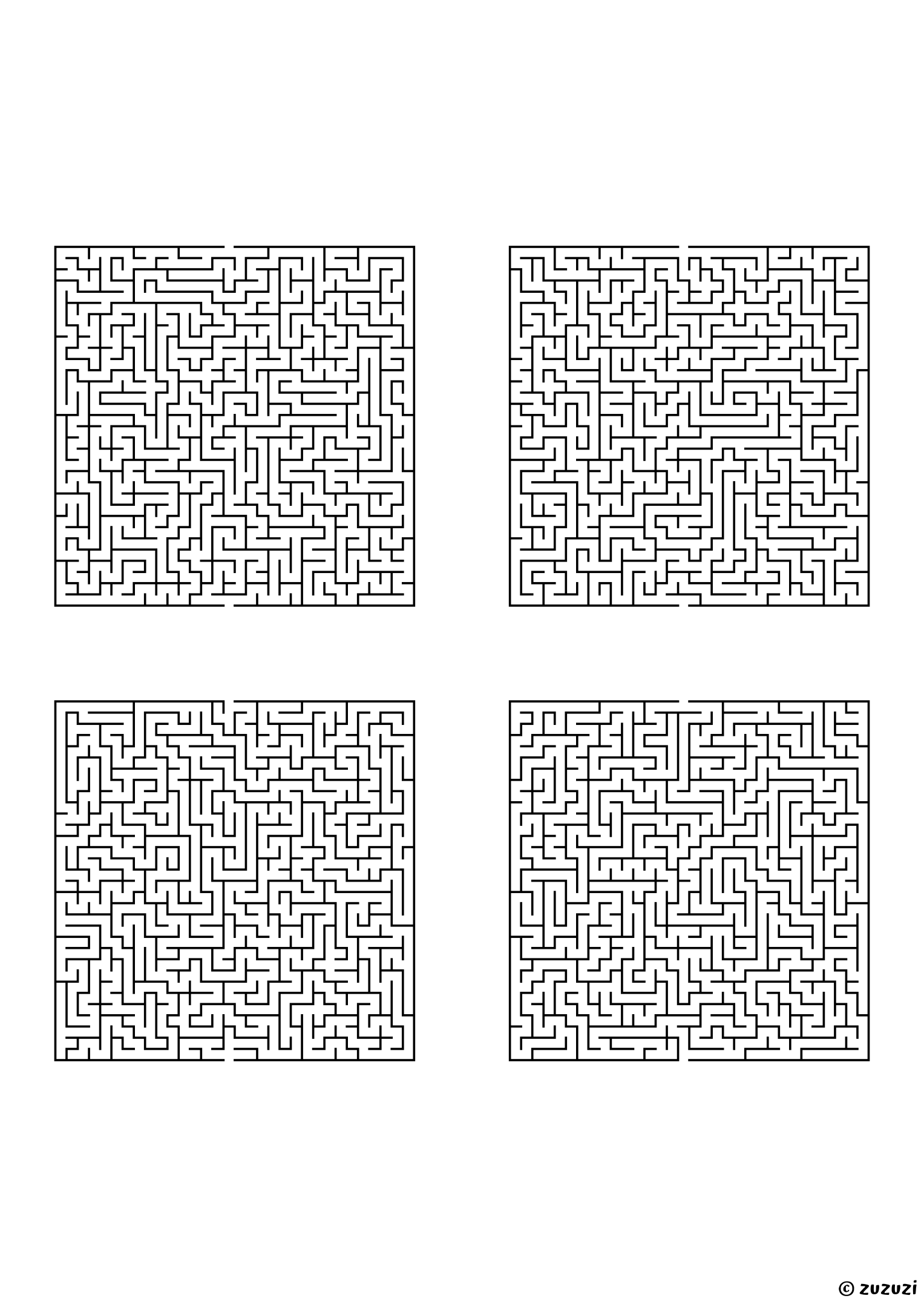 Insane rectangular mazes, black-and-white lines, designed for expert problem solvers. 4 mazes per page, variant 2.