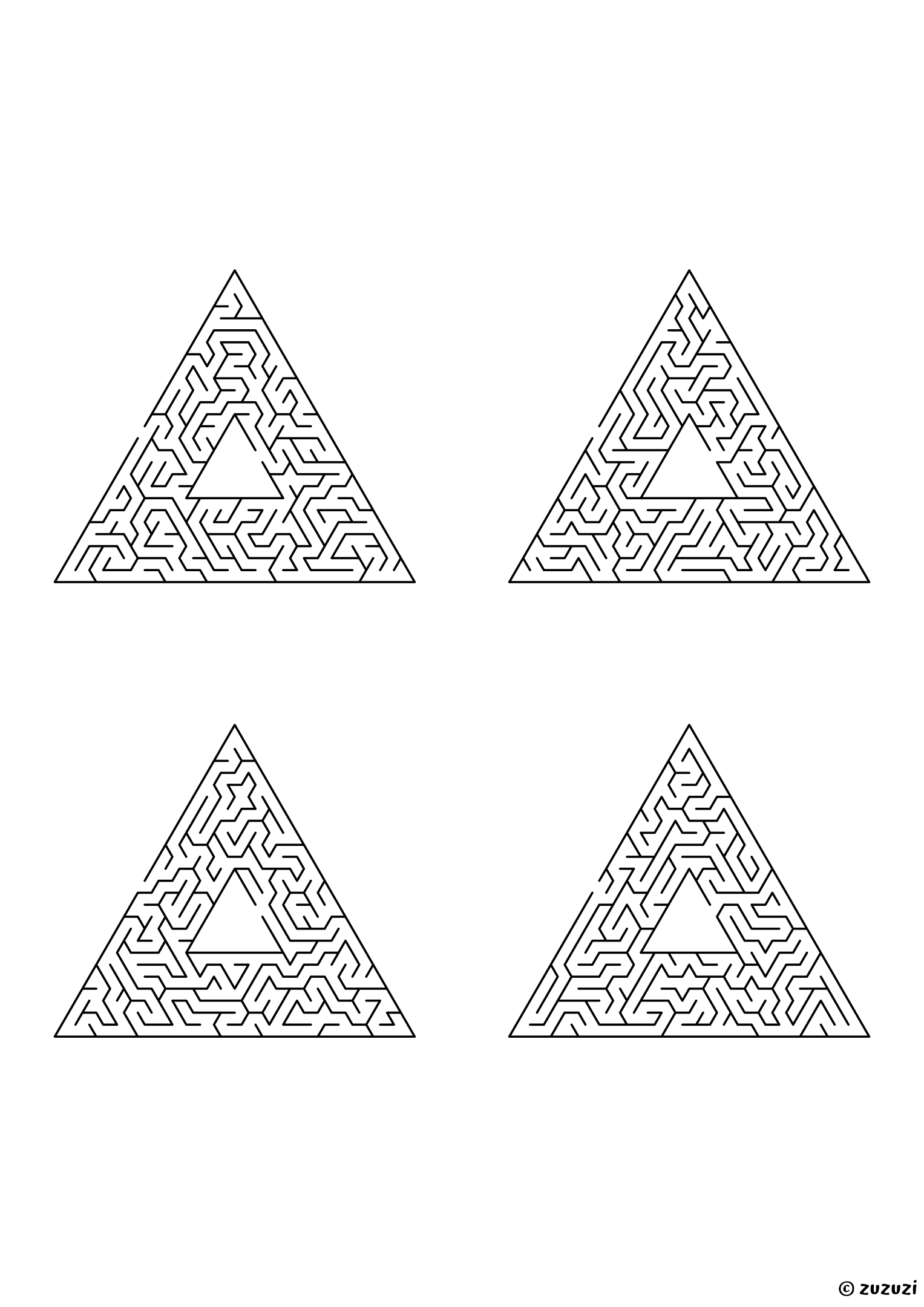 Insane triangular mazes, black-and-white lines, designed for expert problem solvers. 4 mazes per page, variant 3.