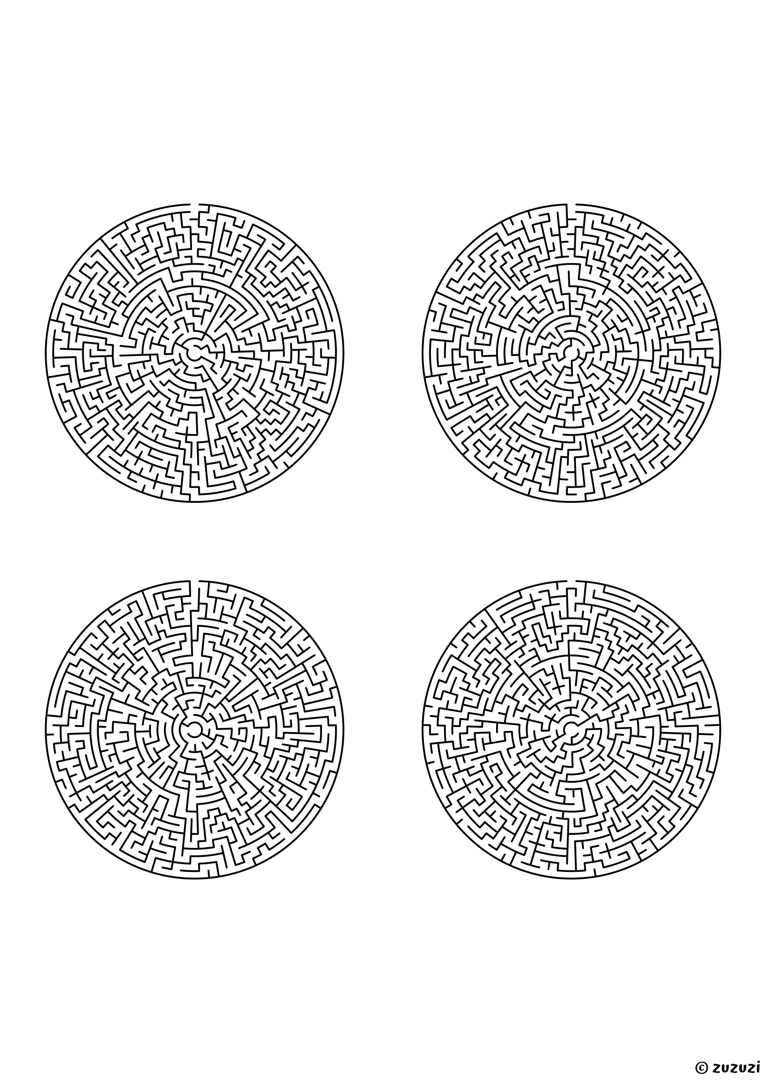 Legendary circular mazes, black-and-white lines, designed for fearless puzzle masters. 4 mazes per page, variant 1.