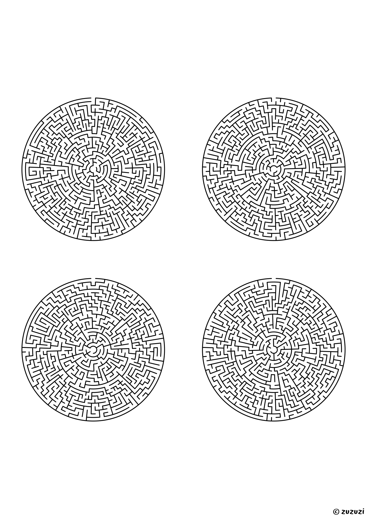 Legendary circular mazes, black-and-white lines, designed for fearless puzzle masters. 4 mazes per page, variant 2.